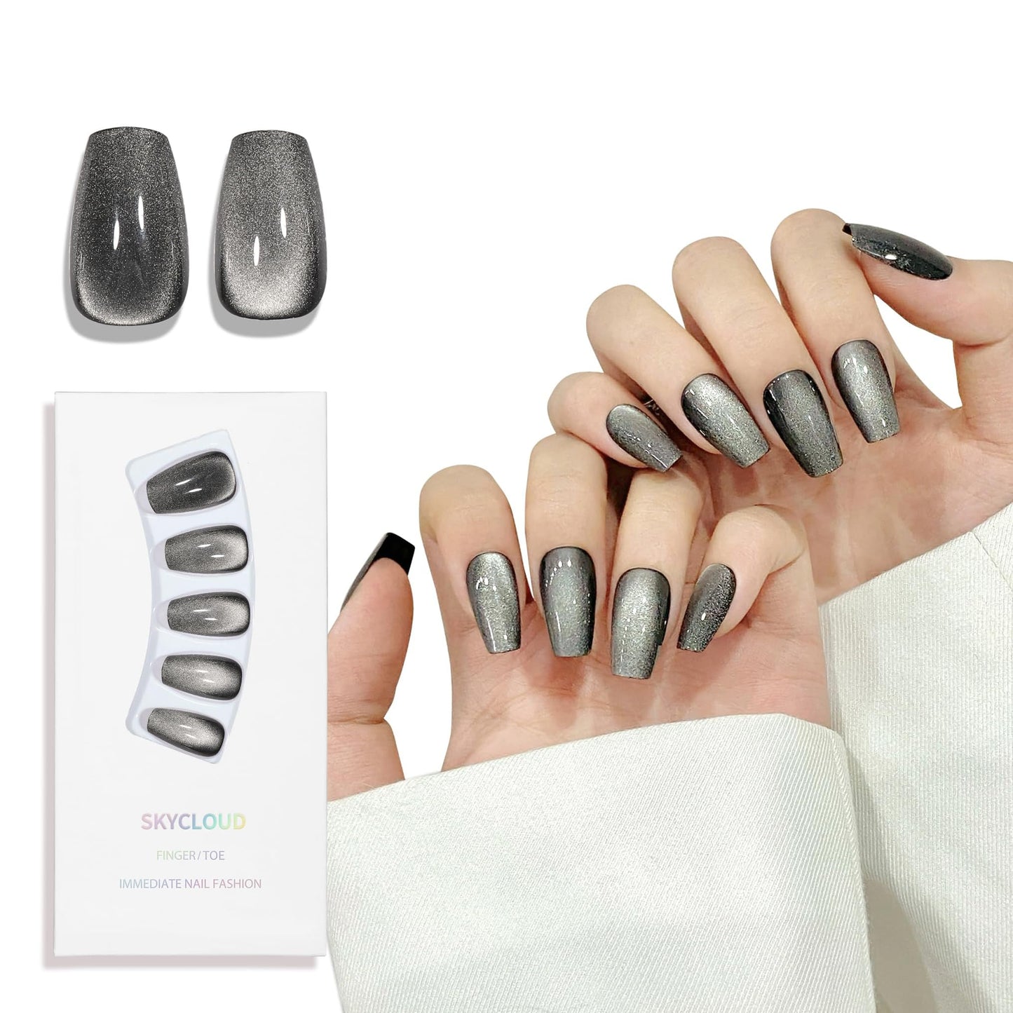 Black Cat Eyes Press On Nails,12 Sizes-24 Pcs Soft Gel Black Medium Coffin Fake Nails Kit, Natural Reusable Stick On False Nails for Women and Girls SK0861