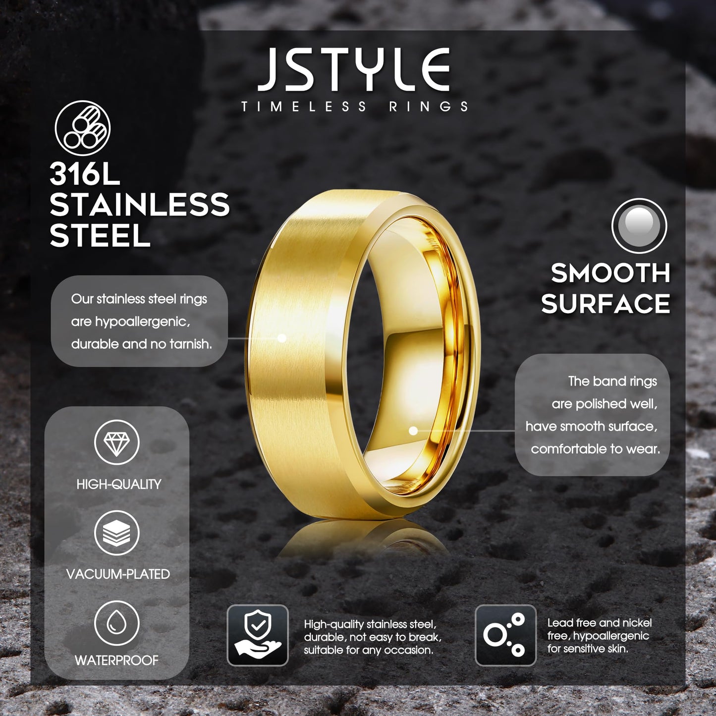 Jstyle Stainless Steel Rings for Men Women 8MM Wedding Band Rings Matte Surface - Beveled Polished Edge Mens Ring Size 8.5 18K Gold Plated Ring for Men