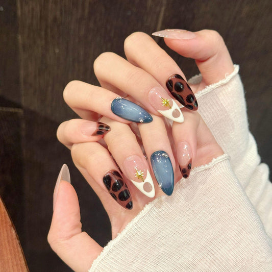 FANTACIEL Handmade Press On Nails Almond, 10PCS Ins Style Gold Foil Leopard French False Nails, Irregular 3D Fake Nails for Women Fashion Nail Art (Blue, S)