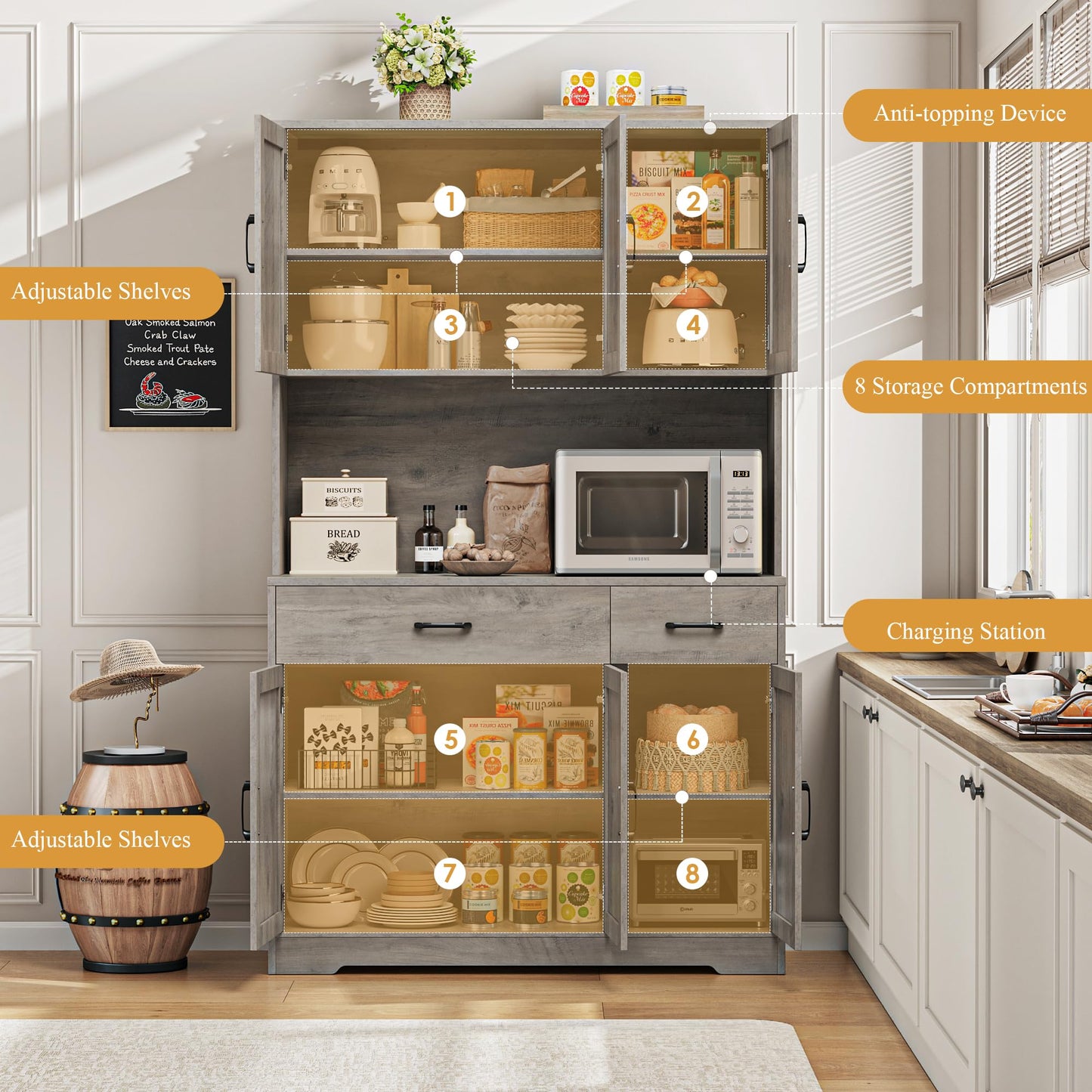 HOSTACK 71" Pantry Cabinet with Charging Station, Tall Kitchen Pantry Storage Cabinet with Microwave Stand, Farmhouse Kitchen Hutch with Storage Drawers for Living Room, Dining Room, Ash Grey
