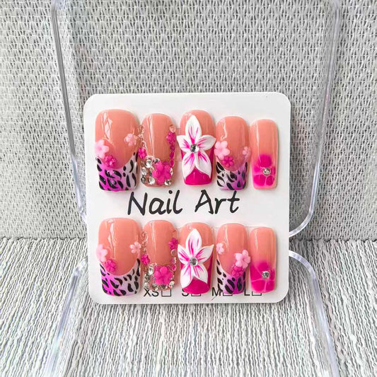 Medium Square Press on Nails Handmade Fake Nails Pink Leopard print French Tip with 3D Flower Designs luxury Rhinestones Glossy Cute Acrylic Nails for Women 10pcs (Size M）