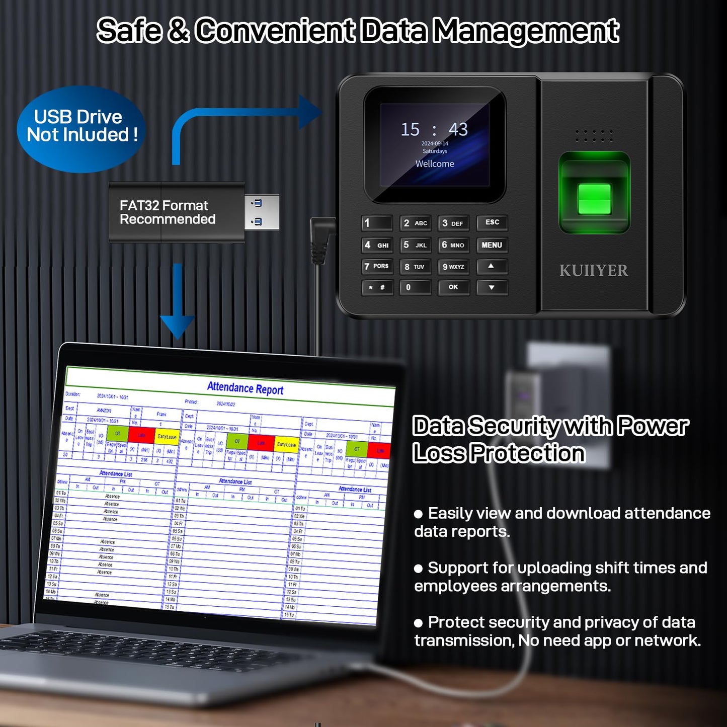 KUIIYER 2 in 1 Employees Time Clocks for Small Business (Fingerprint + Password) Employee Clock in & Out Machine Biometric Attendance Punch Clock Recorder Tracker (No Monthly Fee)