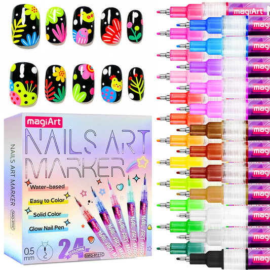 VIVIBOOM Glow In The Dark Nail Art Pens, 24 Color 0.5 MM Fluorescent Neon Nail Polish Pens Set Drawing Point Painting Liner Painted Pen Kit, Waterproof Nail for DIY Design Manicure Tools