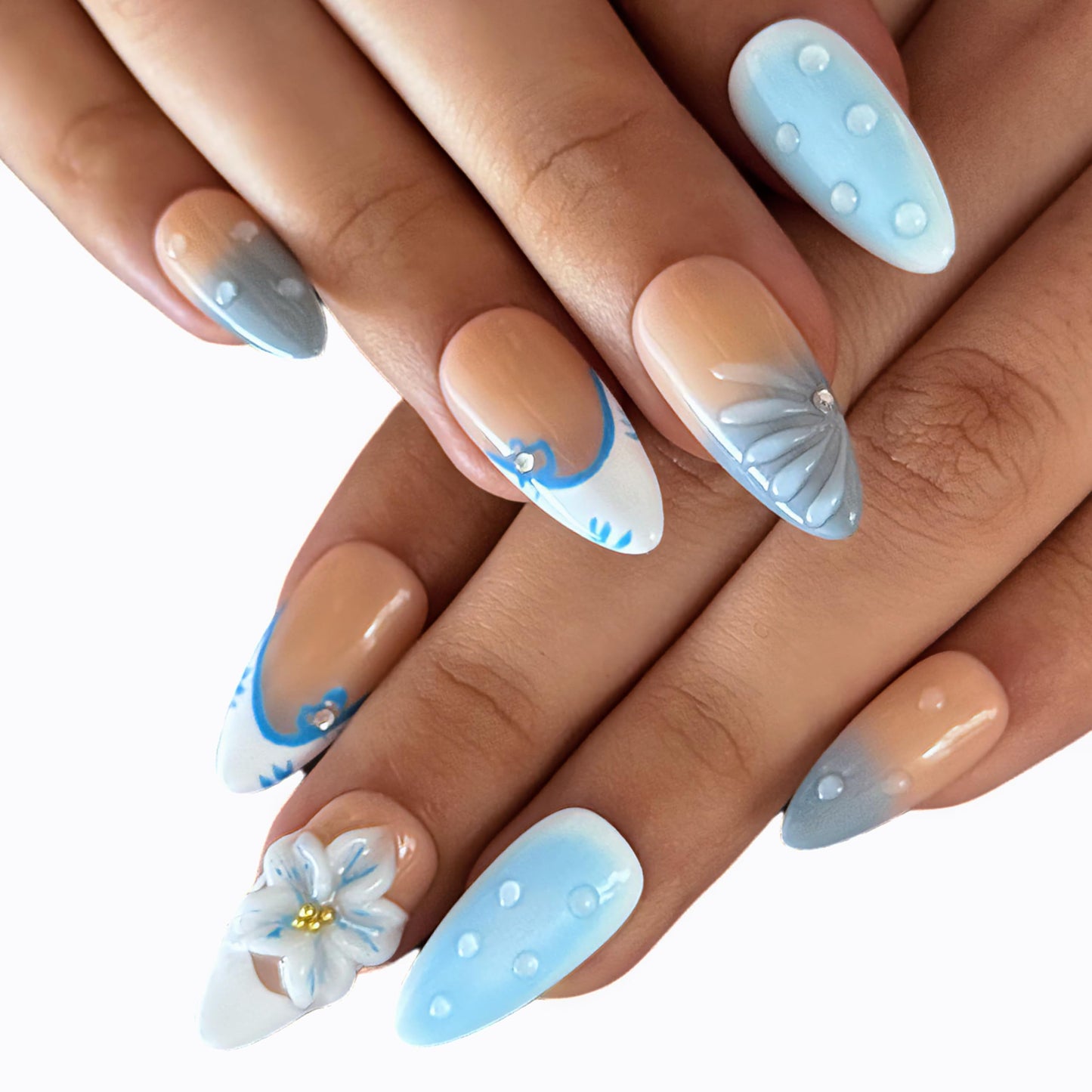 Handmade Press-On Nails for Women - Medium Almond Fake Nails | Luxury Gradient Blue 3D Floral Design | Reusable Salon-Quality Glossy Acrylic False Nails.（S Size)