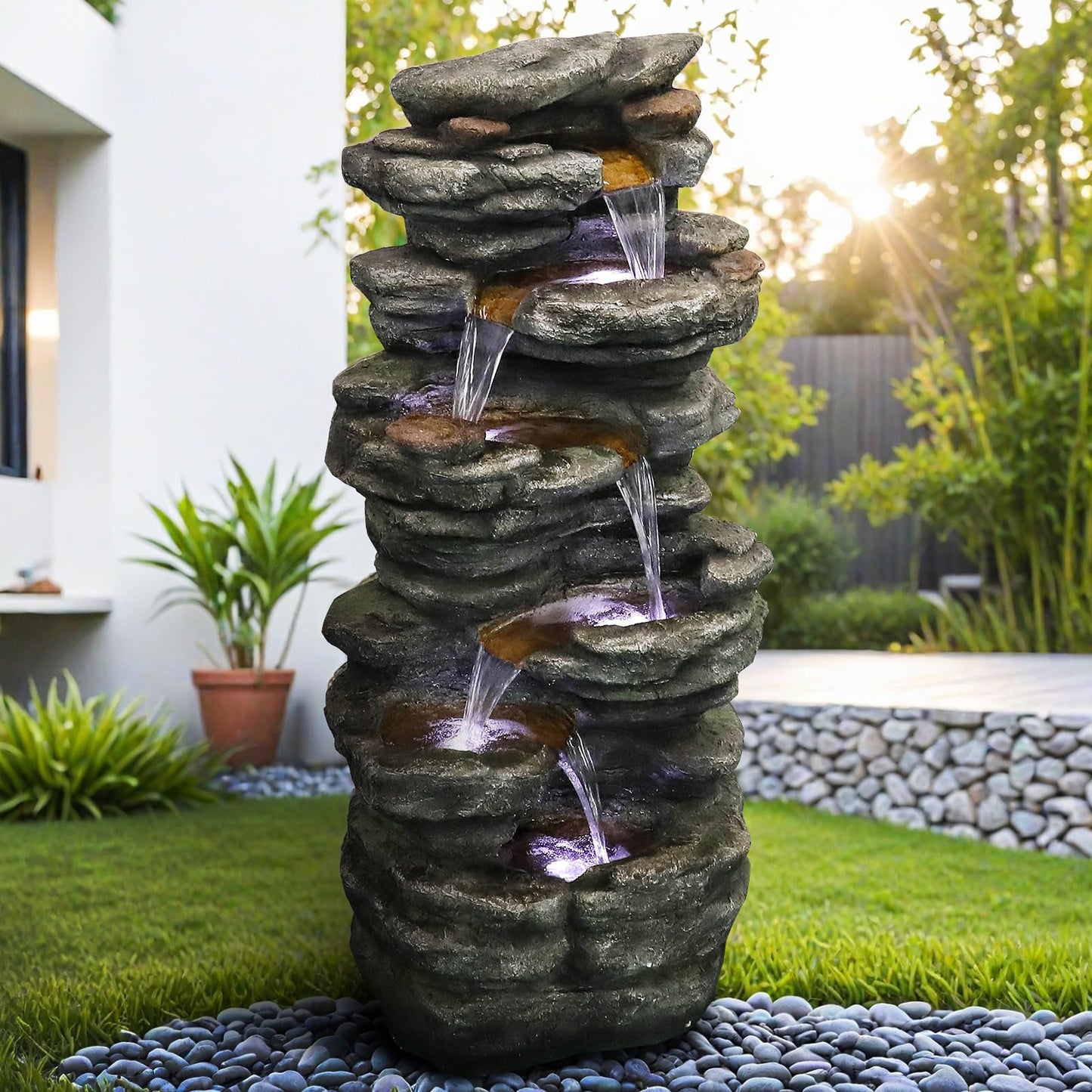 chillscreamni 6-Tier Rockery Outdoor Fountain - 40” H Outdoor Waterfall Fountain with LED Lights for Home&Office Decor, Stacked Rock Cascading Relaxation Garden Fountains Outdoor for Patio, Yard, Deck