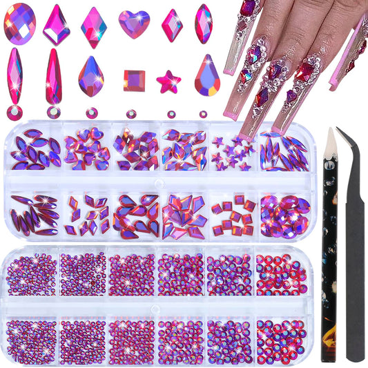 HNUIX Nail Rhinestones - 3D Multi Shape Size, Crystal AB Red Nail Gems, Flat Back, with Kit, for Nail Art, DIY Decorations
