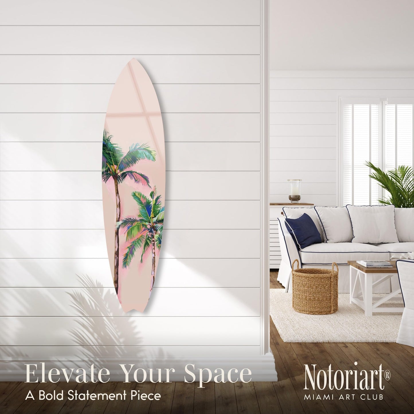 Notoriart Coastal Palm Coral Surfboard Acrylic Wall Art Die-Cut Coastal Modern High-Gloss Home Decor, 15" x 60"