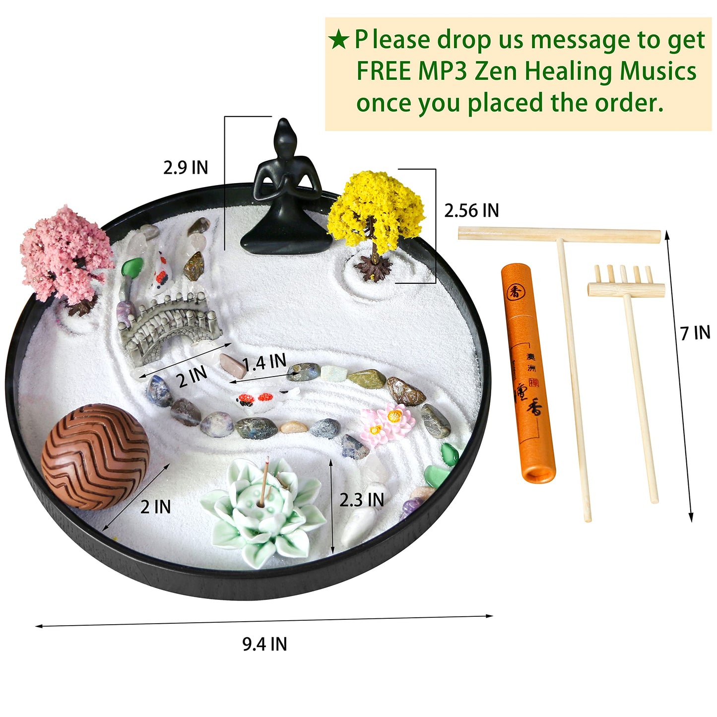 Meditation Yoga Zen Garden kit - Home Office DIY Japanese Mini Rock Sand Garden Desktop Chakra Shine Altar Zen Decor Zen Gifts for Adult w/Rake Tools Accessories Healing Crystal Sphere