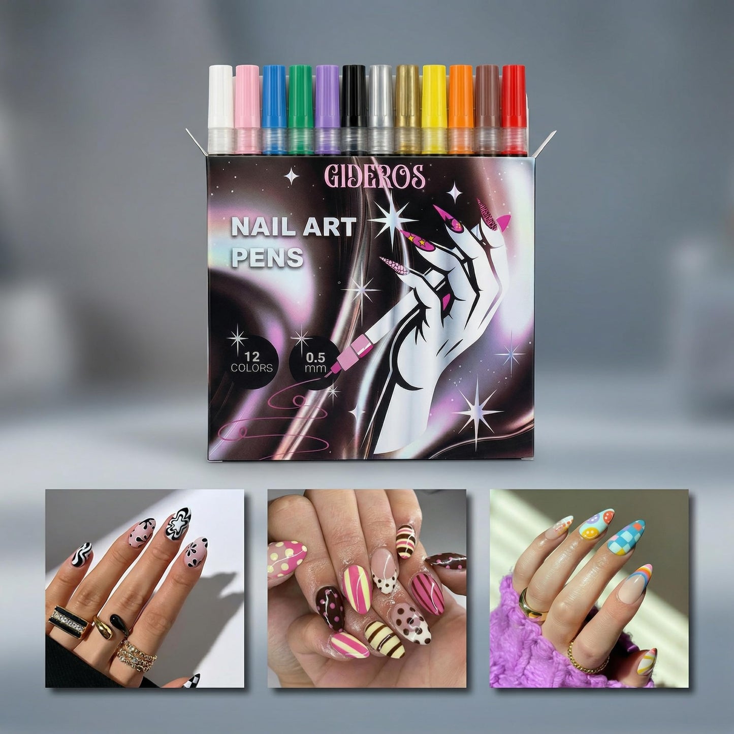 GIDEROS Nail Art Markers, 0.5mm Polish Pens & Easy Control 12 Colors 3D Nail Art Kit for DIY, Nail Art Brushes, Professionals & Beginners