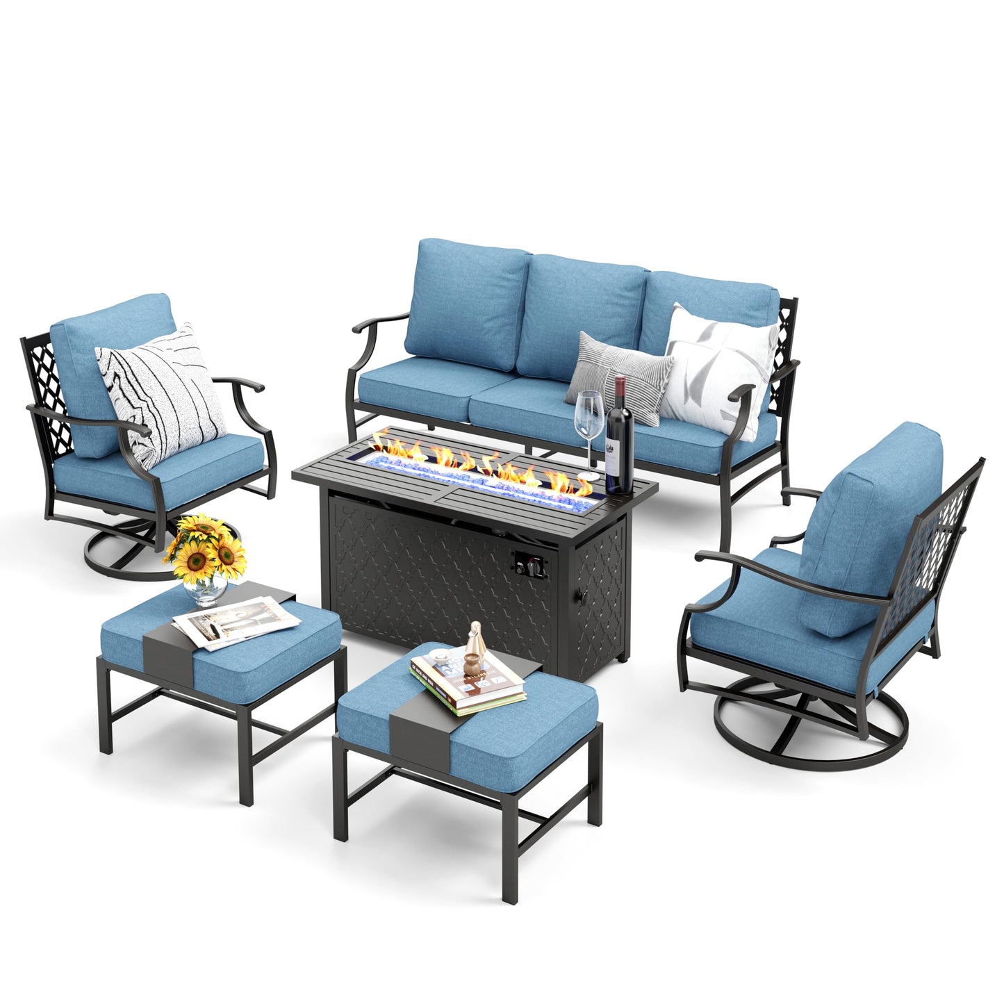 MIXPATIO Patio Furniture Set, 6 Pcs Metal Outdoor Conversation Set, 2 Swivel Chairs, 2 Ottomans and 3 Seater Sofa with 5.75" Extra Thick Cushion and Gas Fire Pit Table, Navy Blue