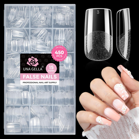 UNA GELLA Medium Square Nail Tips: 450PCS Medium Fake Acrylic Gel Nail Tips 15 Sizes Soft Pre-shape Press On Nails Square French For Full Cover Nails Extension Home DIY Salon