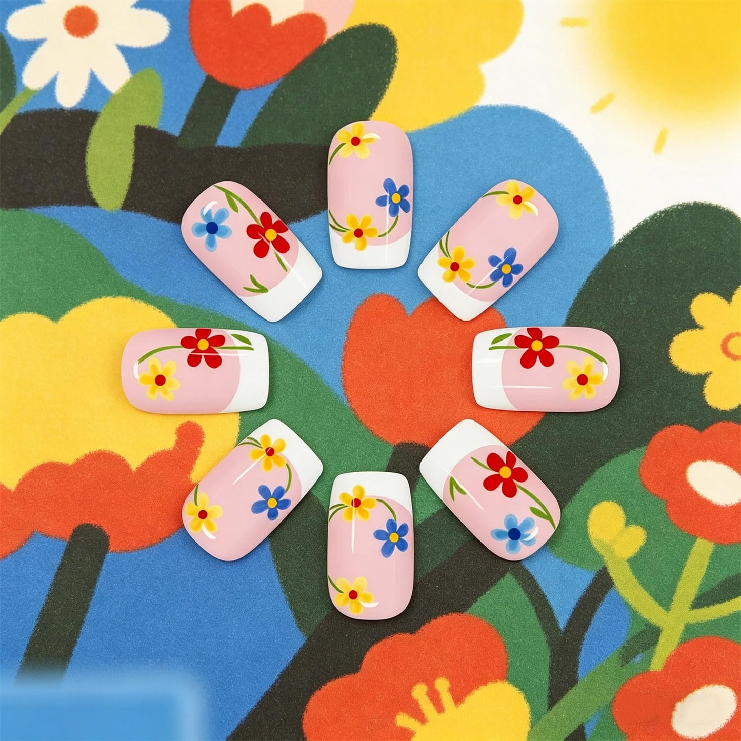 Floral Press on Nails Flower Fake Nails 24 Pcs HZJXRT Medium Square Stick on Nail Spring Flower Acrylic False Nail Glossy White French Tips Glue on Artificial Fingernails for Coquette Women