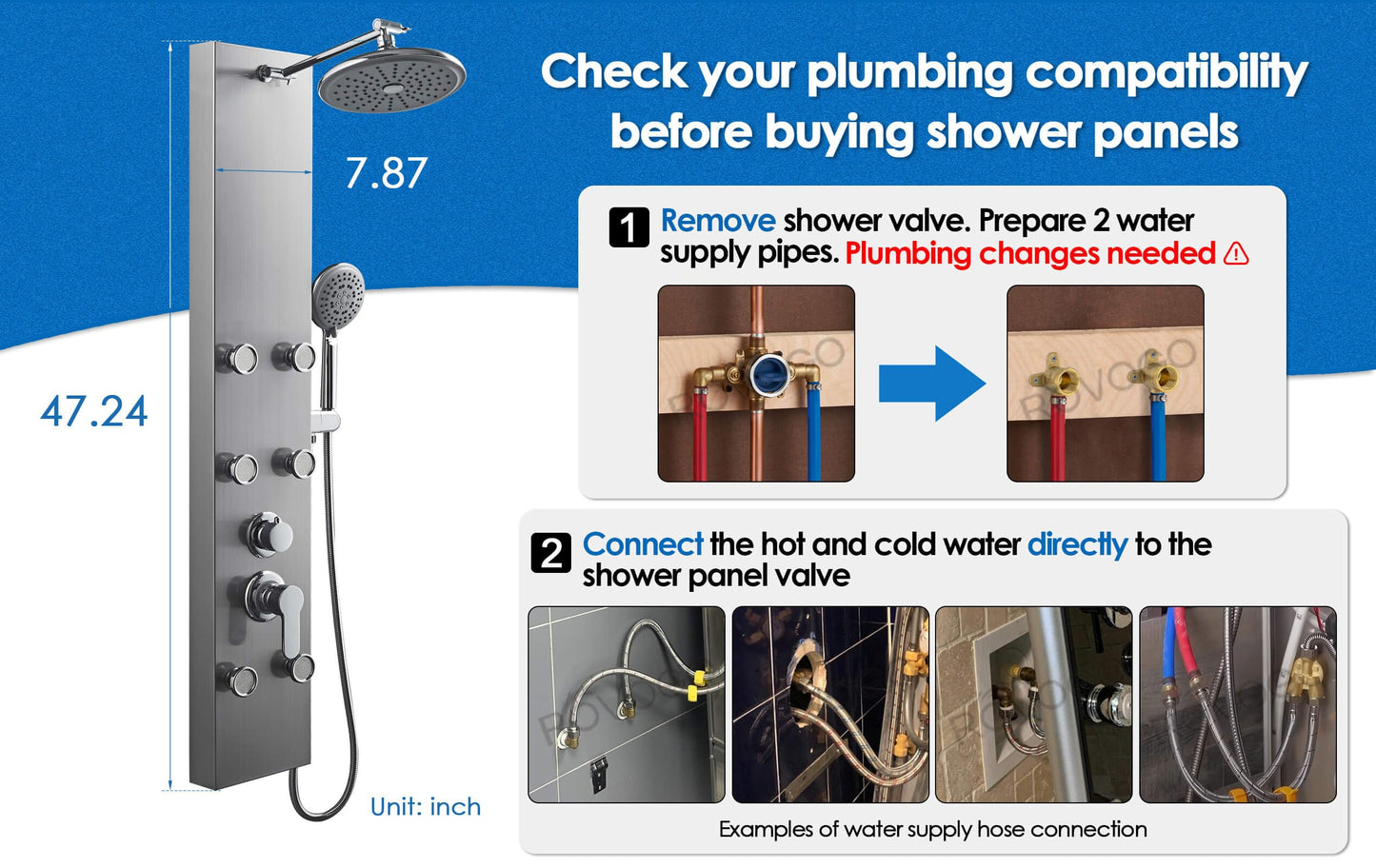 ROVOGO Stainless Steel Shower Panels System with 8-inch Rainfall Shower, 6 Body Jets and 5-Setting Handheld Shower Wand, Shower Tower with Adjustable Head, Brushed