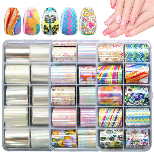 AddFavor 30 Roll Nail Foil Transfer Sheets Holographic Colorful Flower Geometric Nail Foil Decals AB Iridescent Nail Art Stickers for Women Girls Manicure Design
