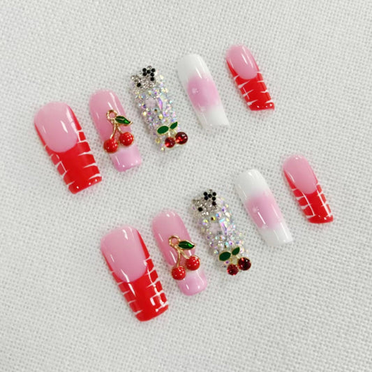 Handmade Red French Tip Press on Nails Long Square Fake Nails Pink Ombre Sparkly Acrylic Nails Press ons with 3D Cherry Rhinestones Designs False Nails Luxury Stick on Nail for Women 10Pcs (Size M)