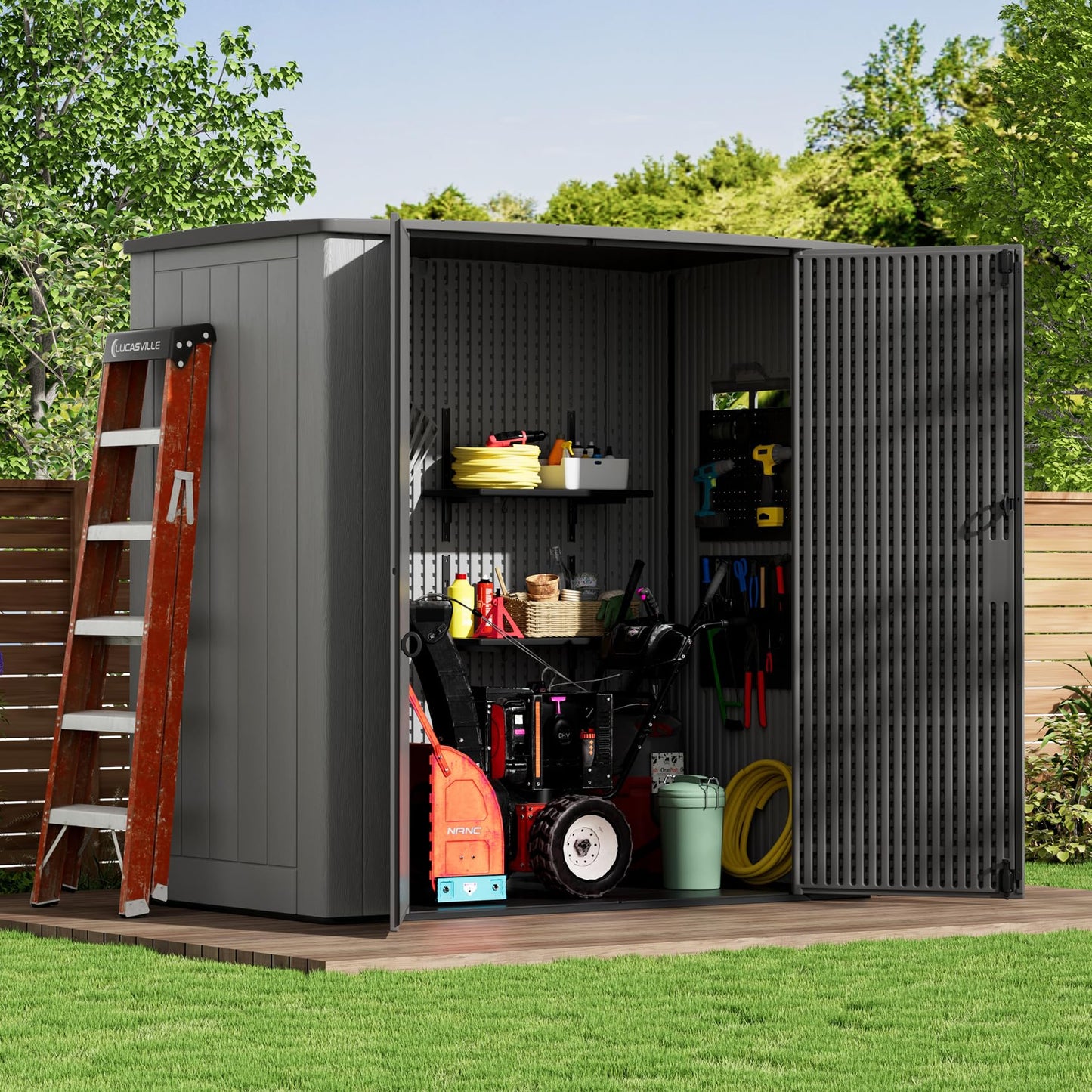 ZZM Outdoor Storage Shed 6x4 Ft, All-Weather Resistant Resin Garden Sheds & Outdoor Storage Clearance with Floor and Windows, Double-layer Plastic Tool Shed for Backyard, Patio & Lawn (Gray,Flat Roof)