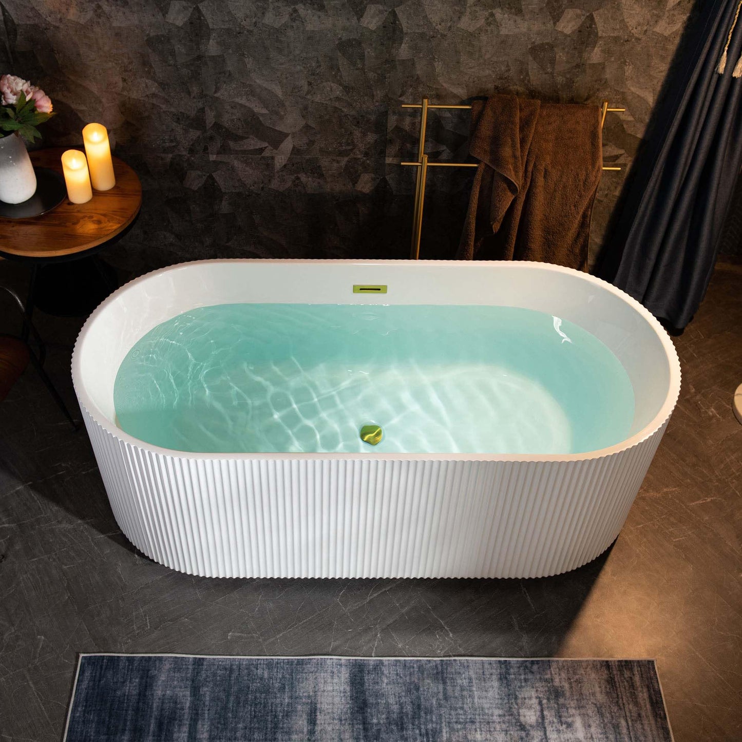 WOODBRIDGE 67" L x 31-1/2" W Freestanding Contemporary Soaking Bathtub,Unique Pleated Design,with Brushed Gold Pop-Up Drain Drain and Overflow Option, White,B1526-BG