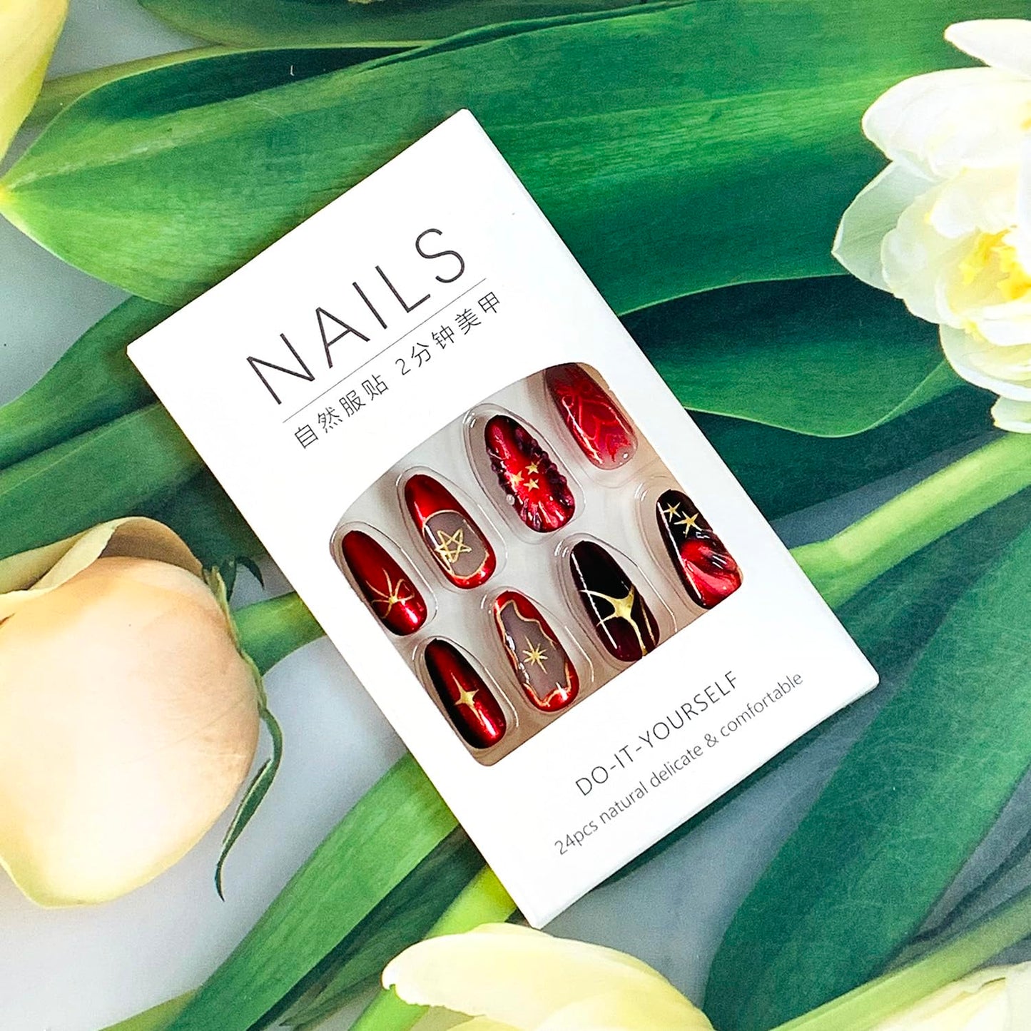EYZOTSF Press on Almond Nails Medium Length Glossy Full Cover Acrylic Almond Shaped False Nails with Designs Artificial Fake Nail with Charms Glue Stick ons Fingernails for Women Girls(W2027)