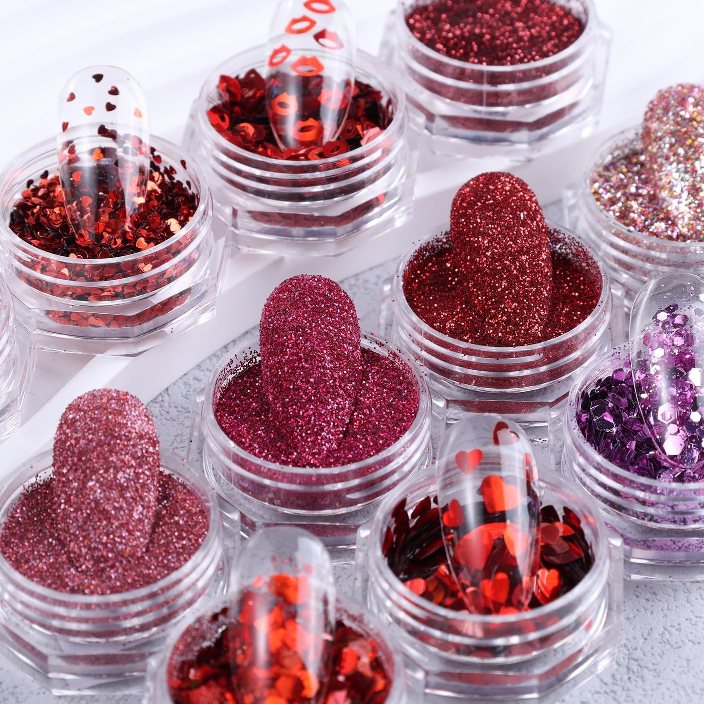 Red Pink Nail Glitter Powder 12 Boxes Cute Glitter for Nails Romantic Heart Lips Flakes for Nails Sugar Reflective Powder DIY Nail Art Decoration Wedding Valentine's Day Accessories