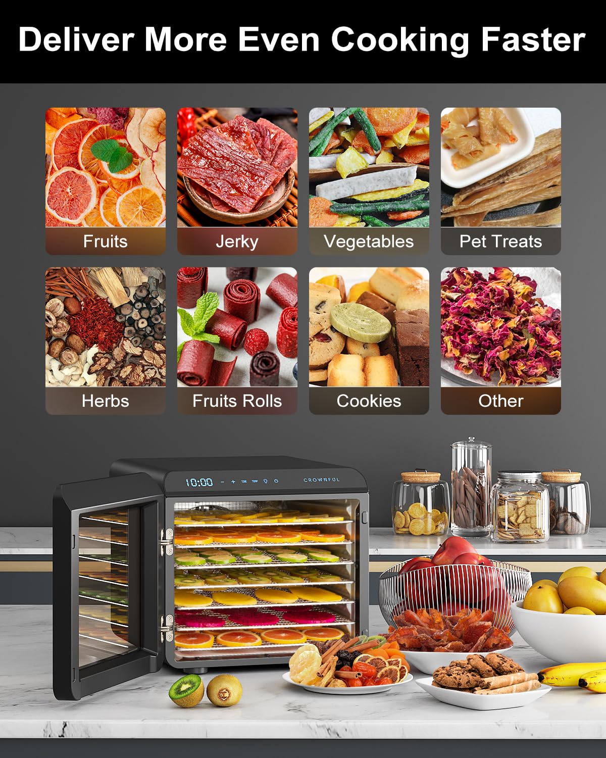 CROWNFUL Food Dehydrator Machine, 7 Stainless Steel Trays, Large Drying Space Dehydrated Dryer, Adjustable Timer and Temperature Control, Dryer for Jerky, Fruit, Meat, Herbs, 30+ Free Online Recipes