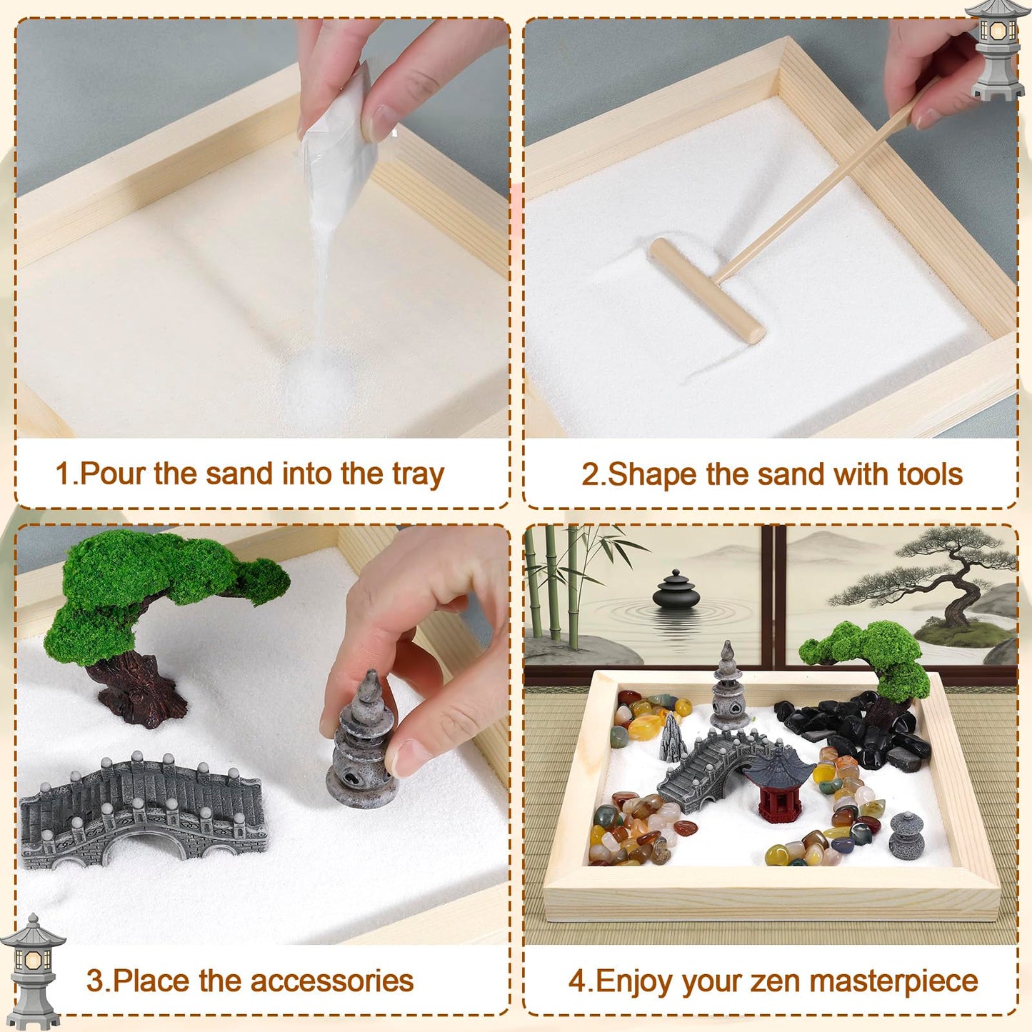 Angirlish 25PCS Zen Garden Kit for Desk Decor, 7.87" Sand Zen Garden Gifts Mini Sandbox Set Included Wooden Tray Rake Tools and Accessories, Sand Tray Therapy for Meditation Room Office Home(Park