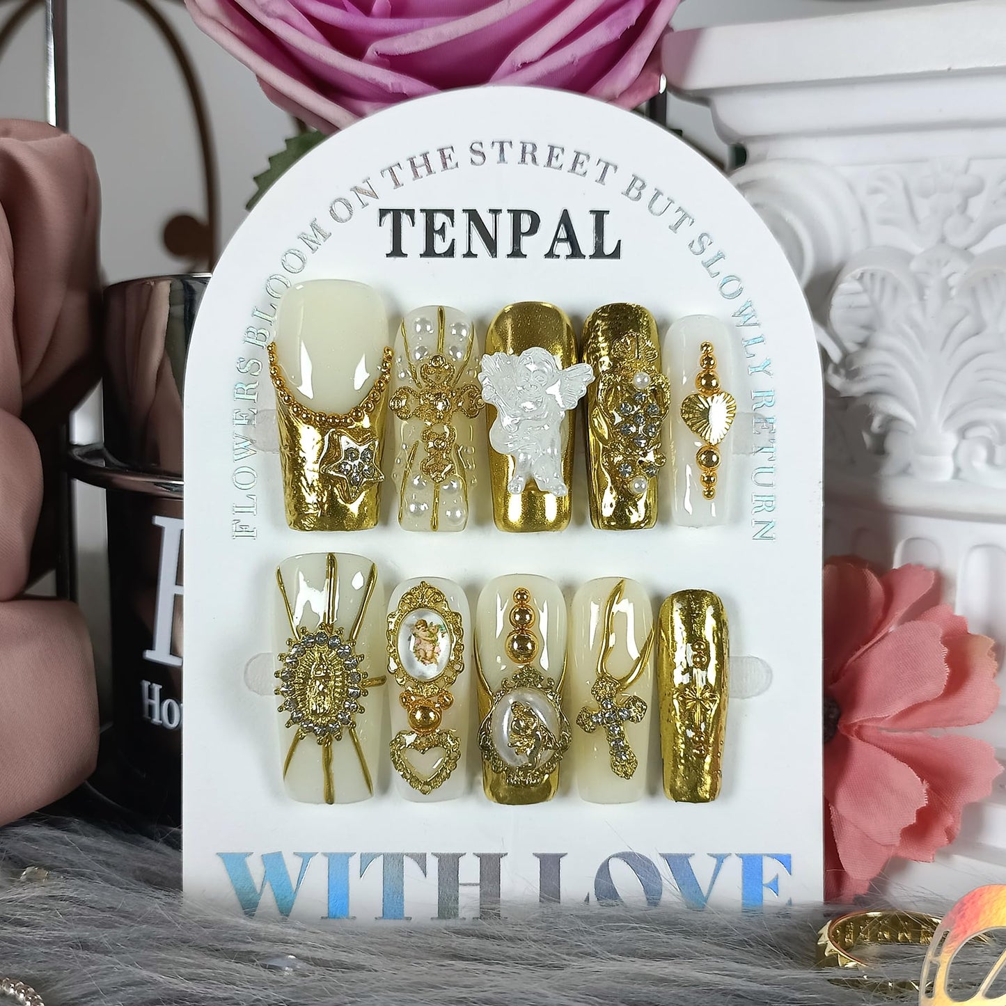TENPAL Baroque Press on Nails Long Coffin 3D Embossed Pearl Cross Charm Luxury False Nails for Women Gold Glam Royal Cathedral Style Glue on Nails for Parties Holiday Events(L)