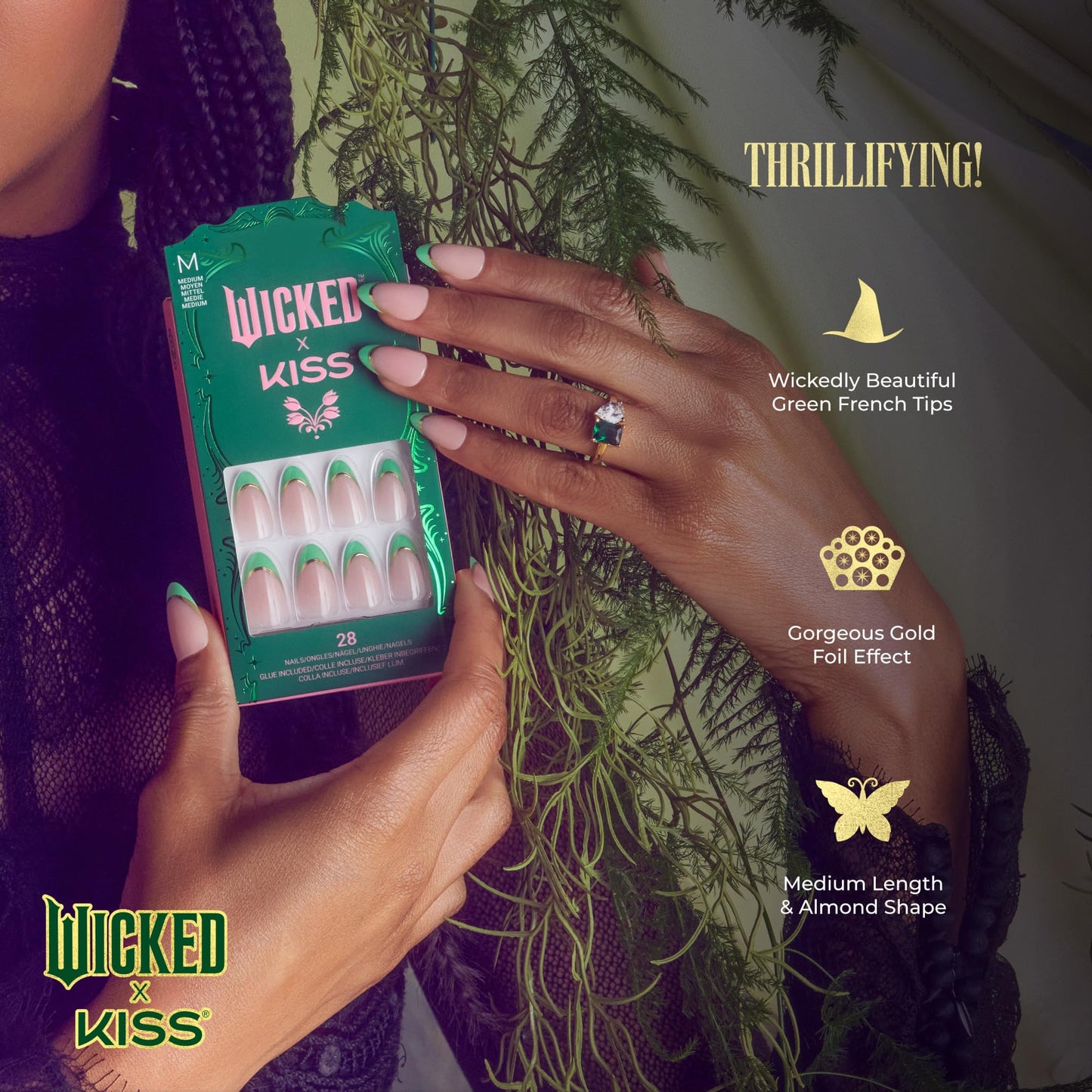 WICKED X KISS Press On Nails Almond, ‘Thrillifying!’, Green, Medium, Waterproof, Chip Proof, Smudge Proof, 28 Fake Nails, Pink Gel Nail Glue (2g), Mini Nail File, & Manicure Stick