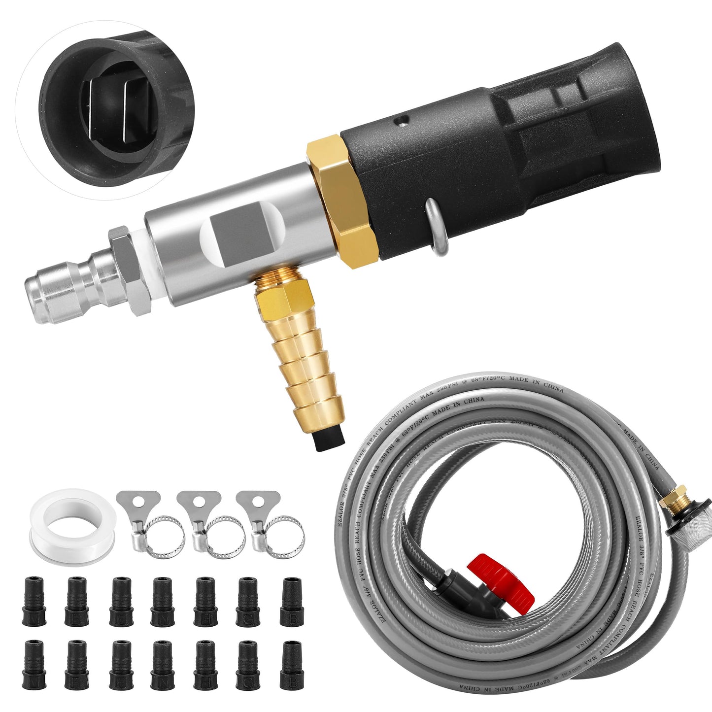 EZALOR Adjustable Long-Range External Chemical Injection for Pressure Washer, Downstream Injector Nozzle Kit 2-2.5 GPM, 1/4" Quick Connect/15FT Siphon Hose, 2500 to 4000 PSI