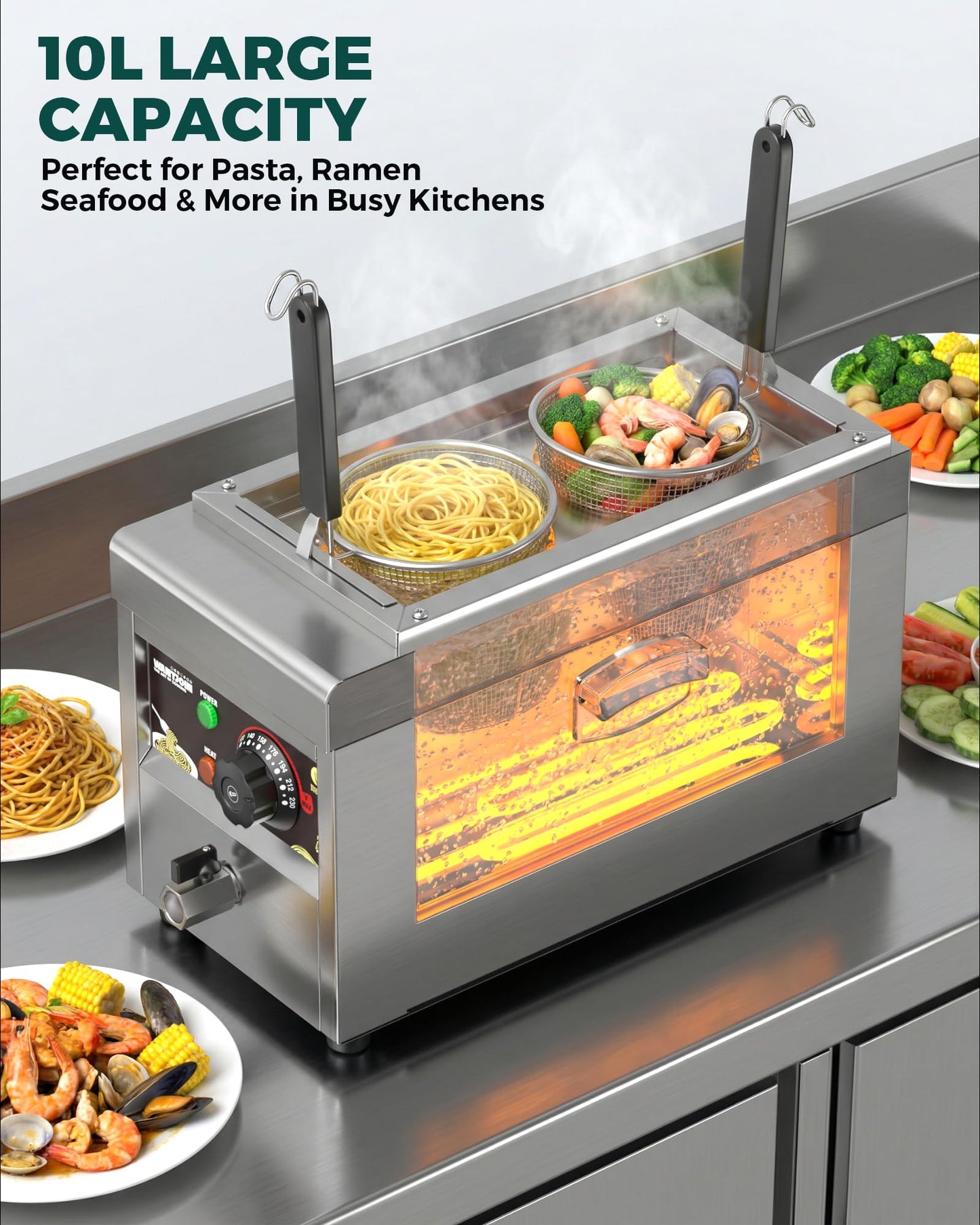 WantJoin Commercial Pasta Cooker - Electric Pasta Cooker with 2 Noodle Strainers, Precision Temp Control 86°F to 230°F, Cooking Machine w/Drain Valve for Spaghetti Ramen, Noodles and Vegetables