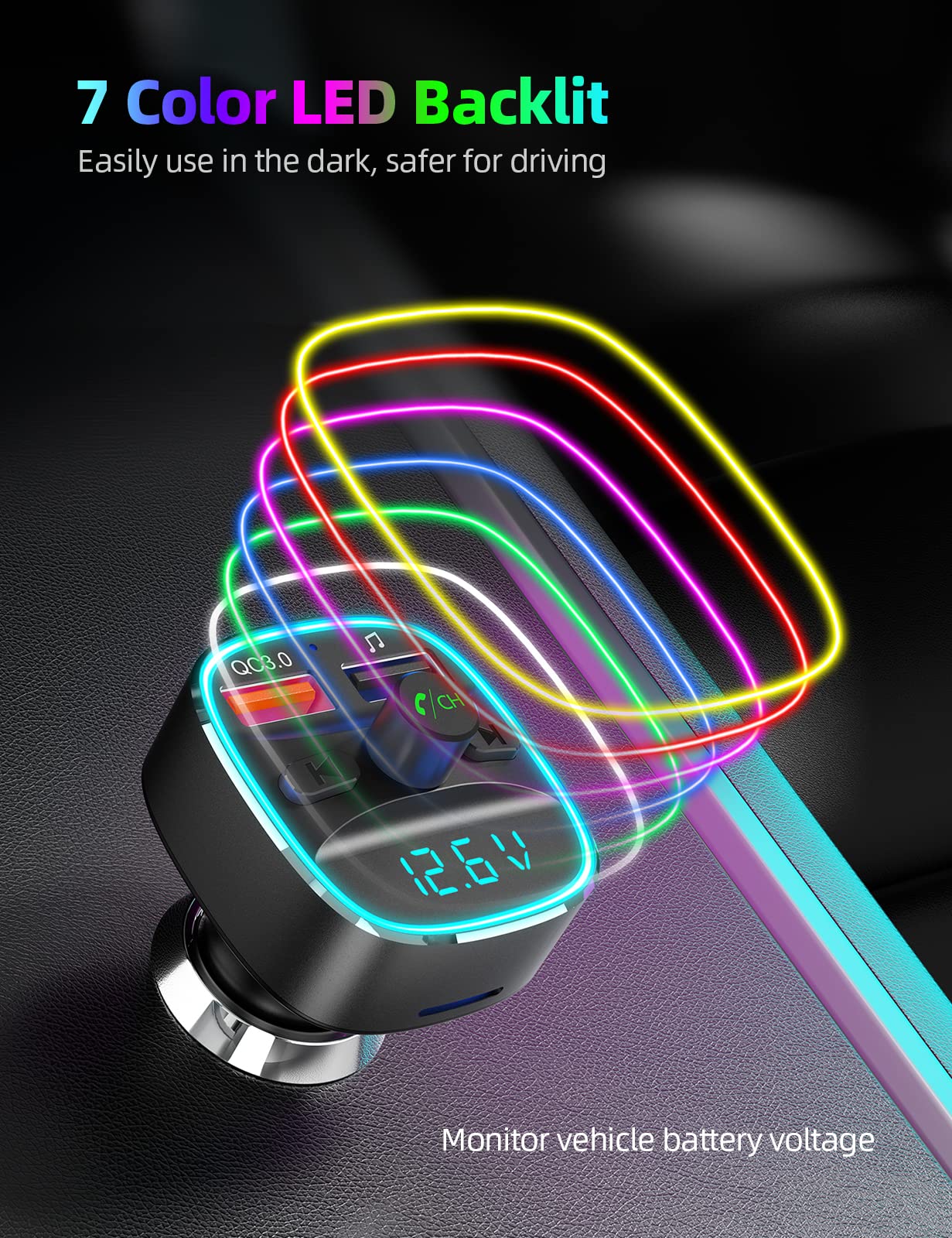 Nulaxy Bluetooth FM Transmitter, Bluetooth Car Adapter with Dual USB Charger Wireless Radio Car Kit MP3 Player Support TF Card & USB Disk, Hands-Free Calling, 7 Colors Led Backlit Light, Black
