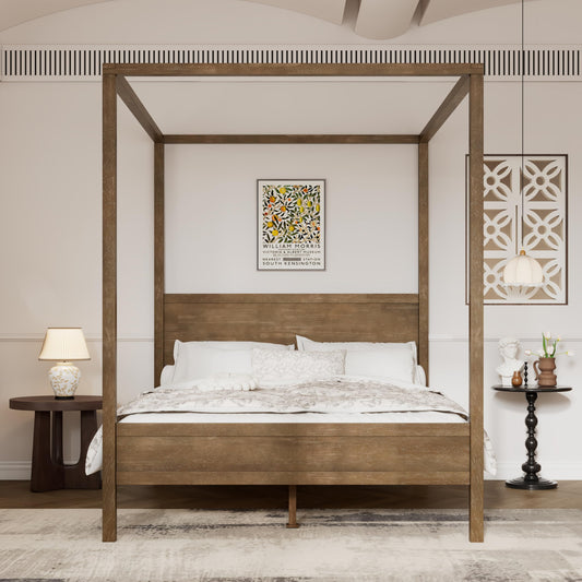 Christopher Knight Home Darnel Wooden Canopy Bed Frame Queen Size with Headboard, 4 Poster Platform Queen Bed Frame, Strong Wood Slat Mattress Support, No Box Spring Needed, Antique Natural