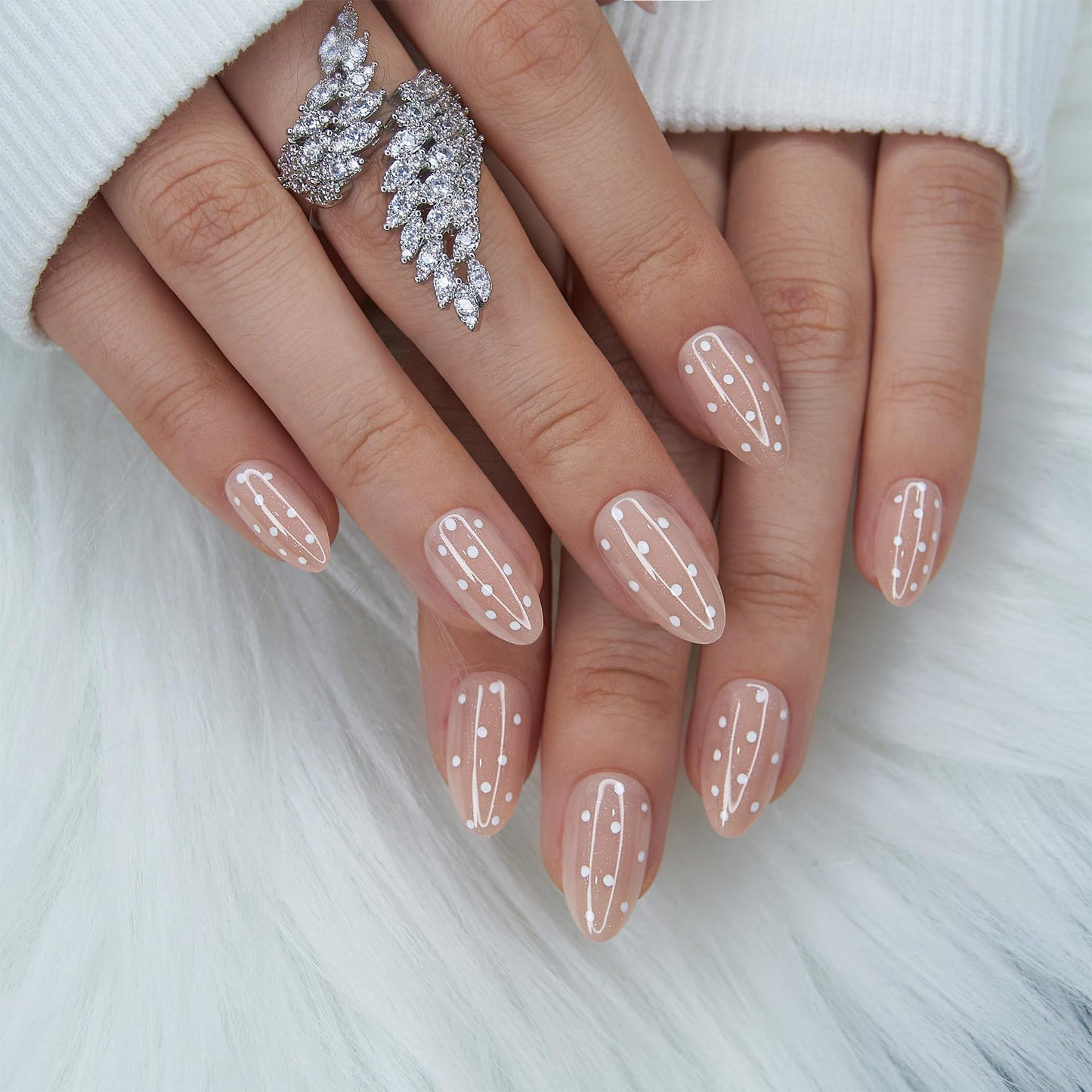 CurvLife Almond Press On Nails Medium – 30Pcs Soft Gel Almond Fake Nails, Dotted Milk Glow Reusable Glue On Nail Kit with Adhesive Tabs, Natural Fit & Salon-Quality for Women & Girls