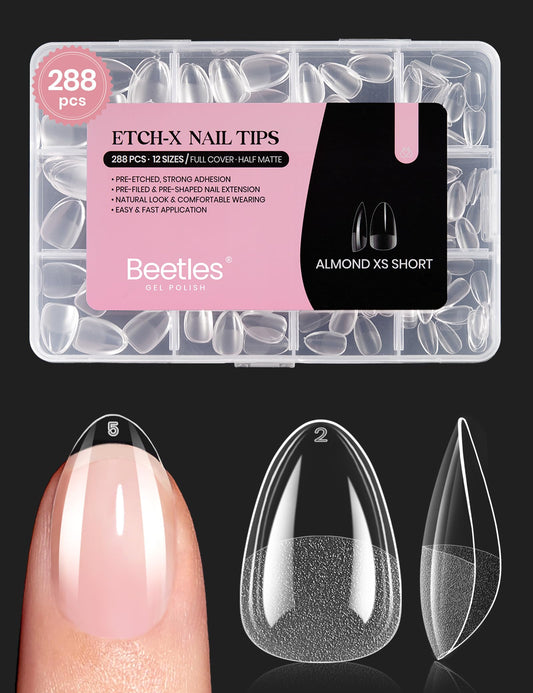 Beetles Extra Short Almond Nail Tips, 12 Sizes 288 PCS Pre-Shaped Clear Full Cover Etch Gel Nail Tips Clear Acrylic Press on Nails Extension for Girls Women Nail Art Design, Nail Glue Needed