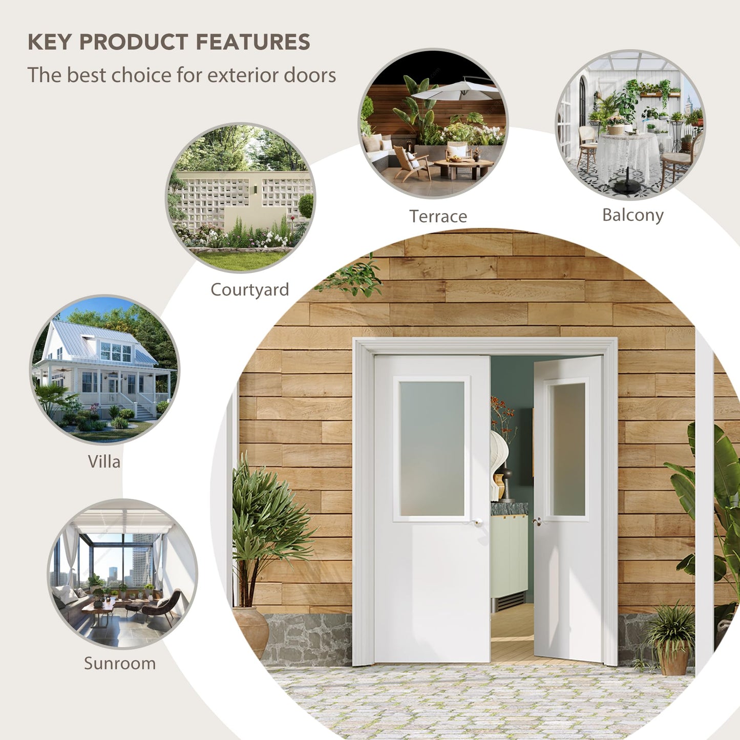 Lakenyon Exterior Doors, 1-Panel Frosted Glass Front Door, 64" x 80", Solid Wood & MDF Entry Doors, Waterproof Primed, Easy DIY Install