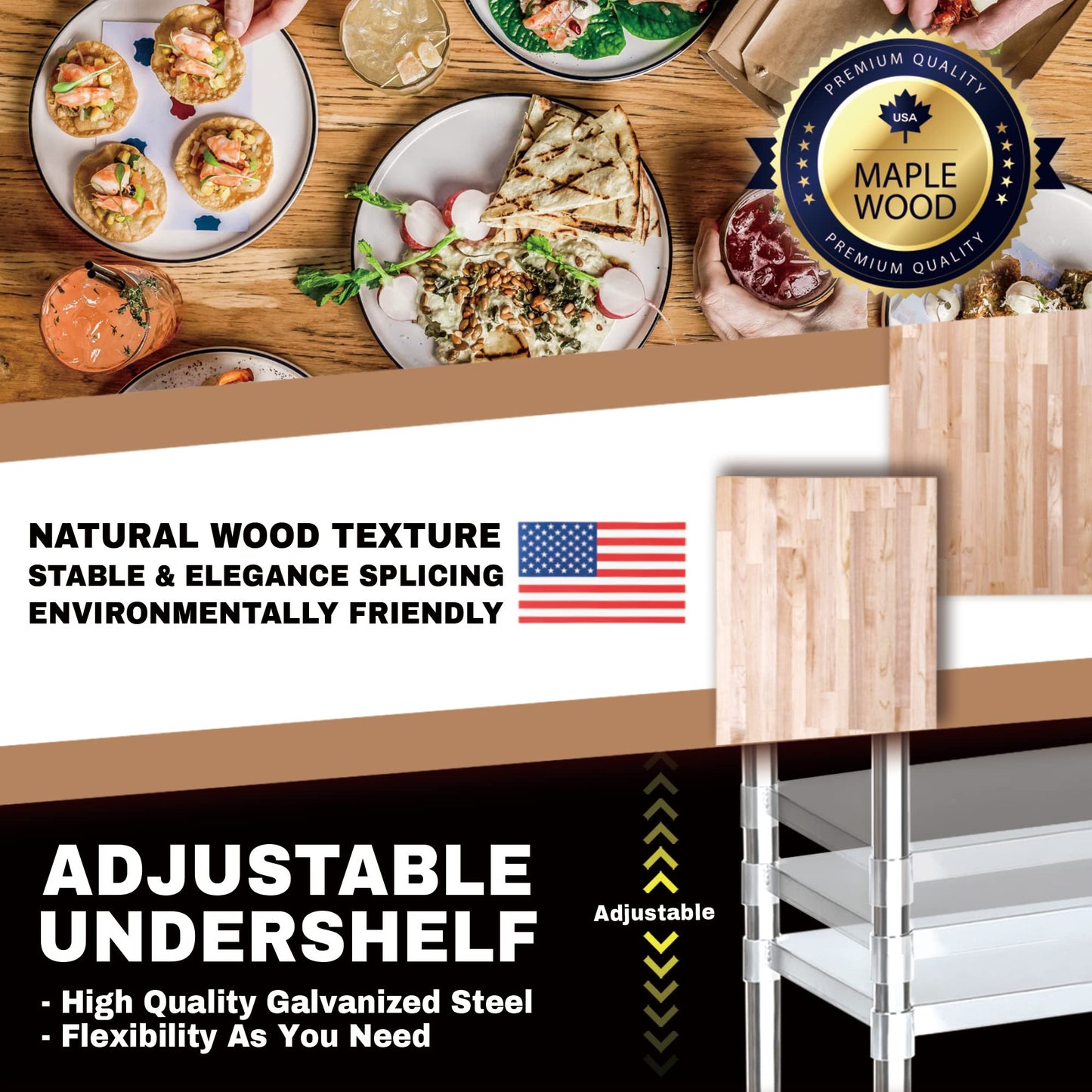 DuraSteel US Maple Top Work Table - 30 x 24 x 35 Inch Commercial Butcher Block Wooden Workbench with Adjustable Lower Shelf - Fits Restaurant, Warehouse, Home, Kitchen, Garage