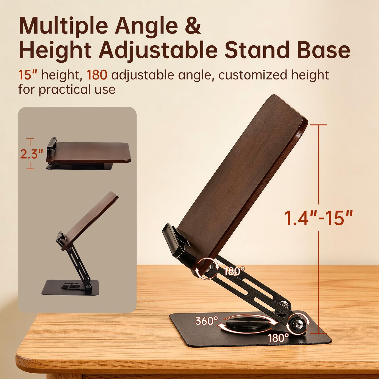 2-in-1 Floor & Desktop Book Stand, Dual-Use Height Adjustable 19"-62.2", Reading Stand Holder with 360° Rotating Base & Page Clips for Music Sheet, Laptop, Podium, Cookbook, Projector, 100% Solid Wood