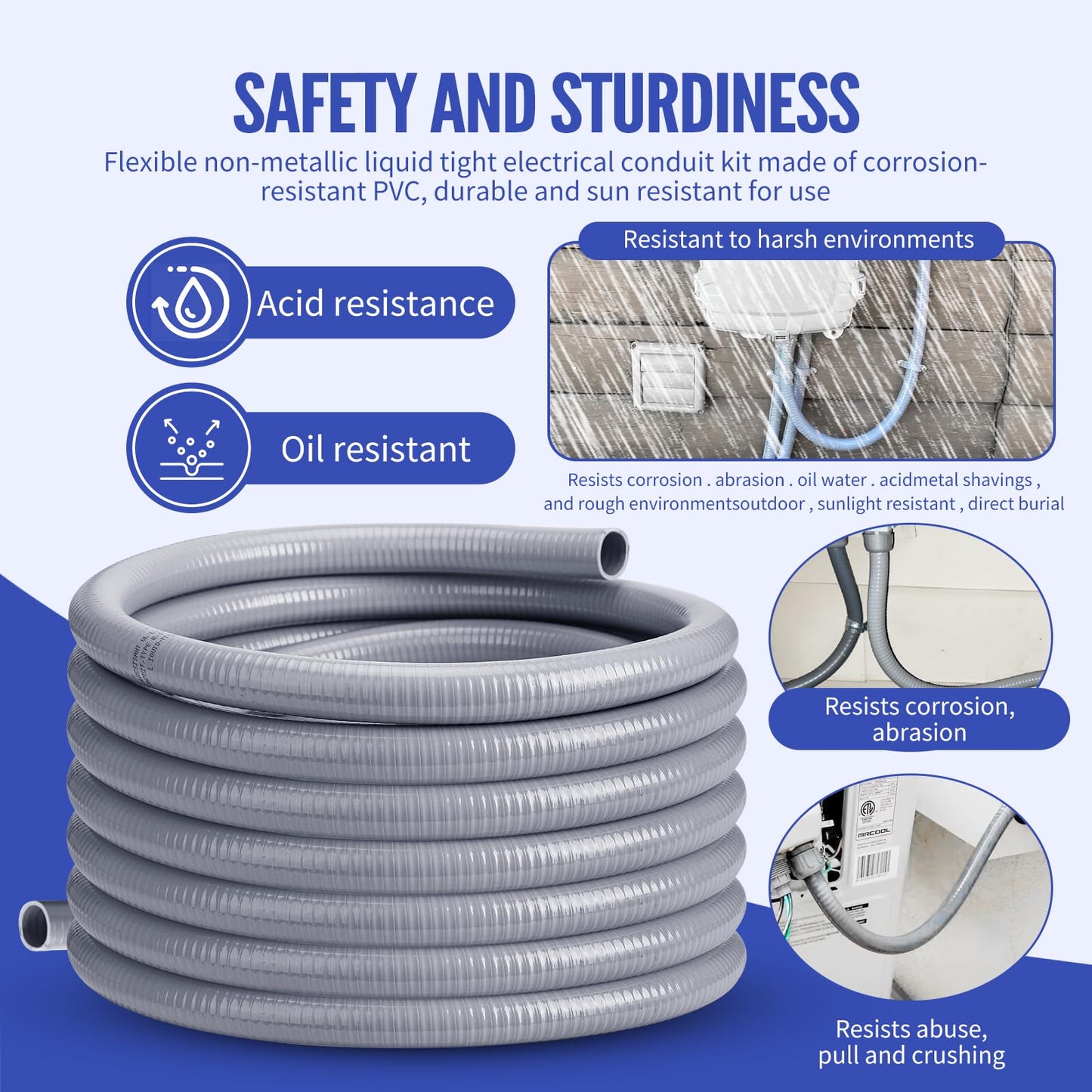AISIMEE Liquid Tight Conduit 2inch 25FT,Flexible Non-Metallic Liquid Tight Flex Electrical Conduit and Connector Kit with 5 Straight and 3 90-Degree Conduit Connector Fittings