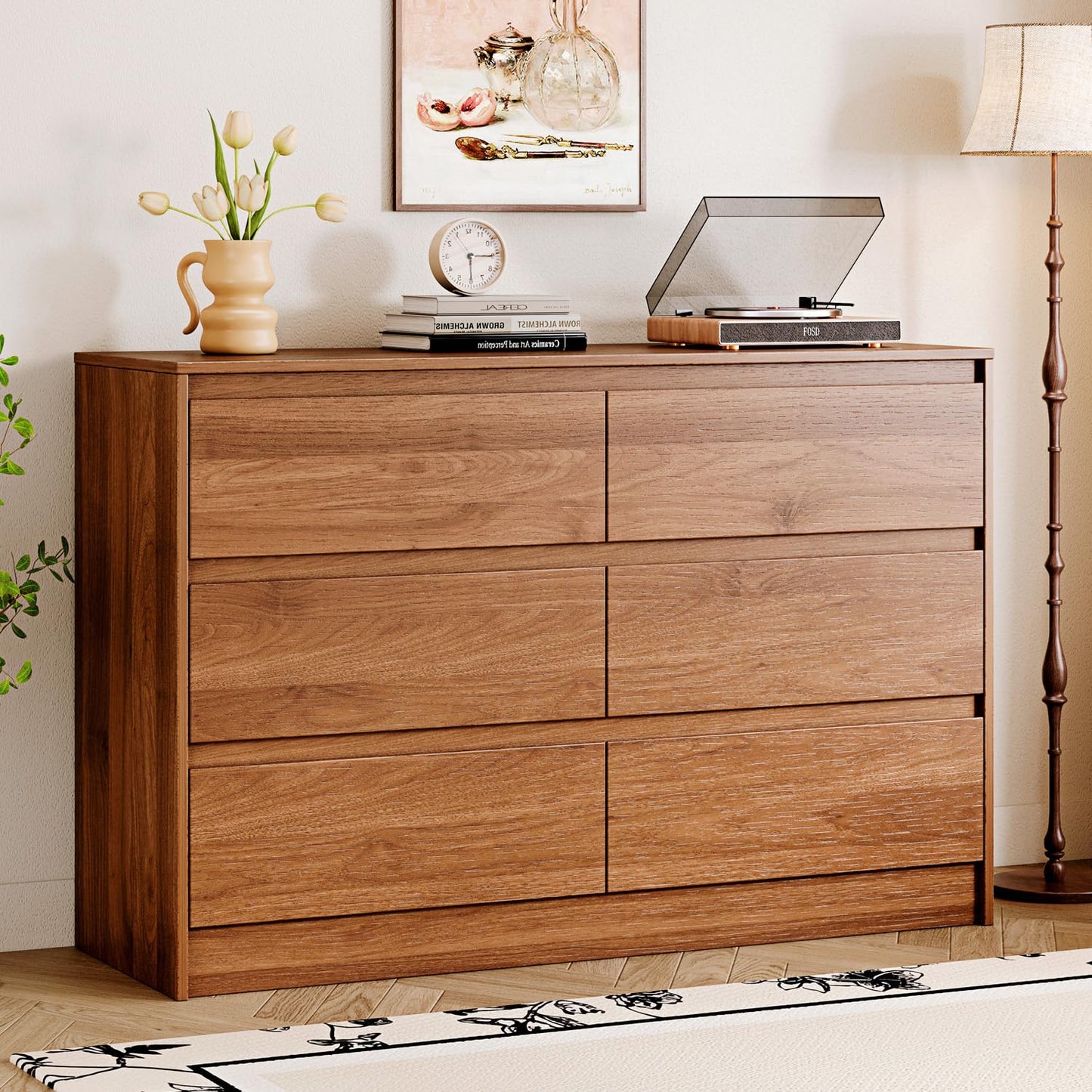 Chrangmay 6 Drawer Dresser,47" Wide Mid Century Chest of Drawers,Wooden Bedroom Drawer Dresser with 6 Storage Drawers for Bedroom,Living Room,with Anti-Tipping Device, Brown