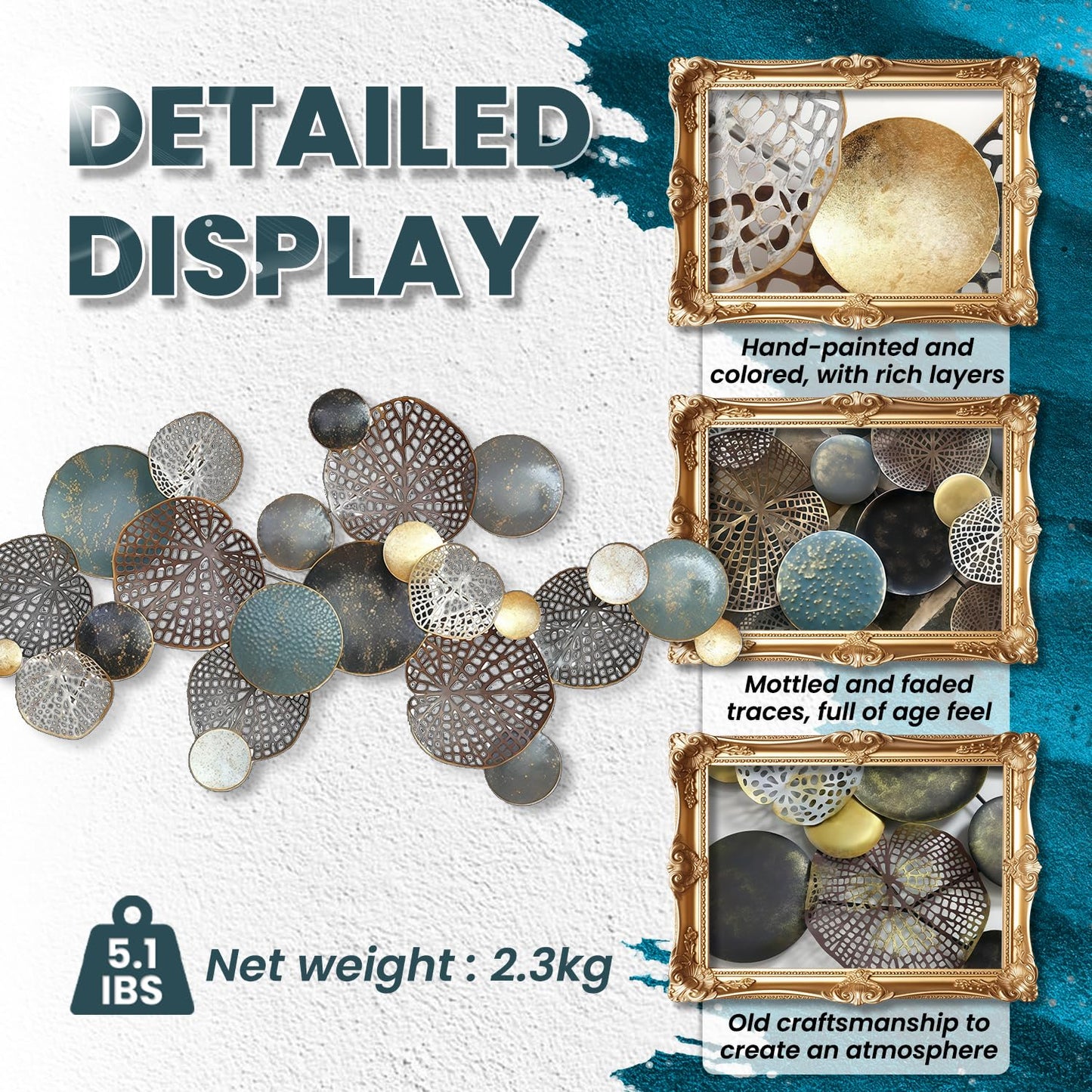 ZZYYZZ Large Metal Wall Decor, Boho Lotus Leaf Metal Wall Decoration, 3D Stacked Flower Wall Art Décor, Nautical Coastal Outdoor Wall Decor, for Living Room Bedroom Dining Room, 52.5" x 26.5"