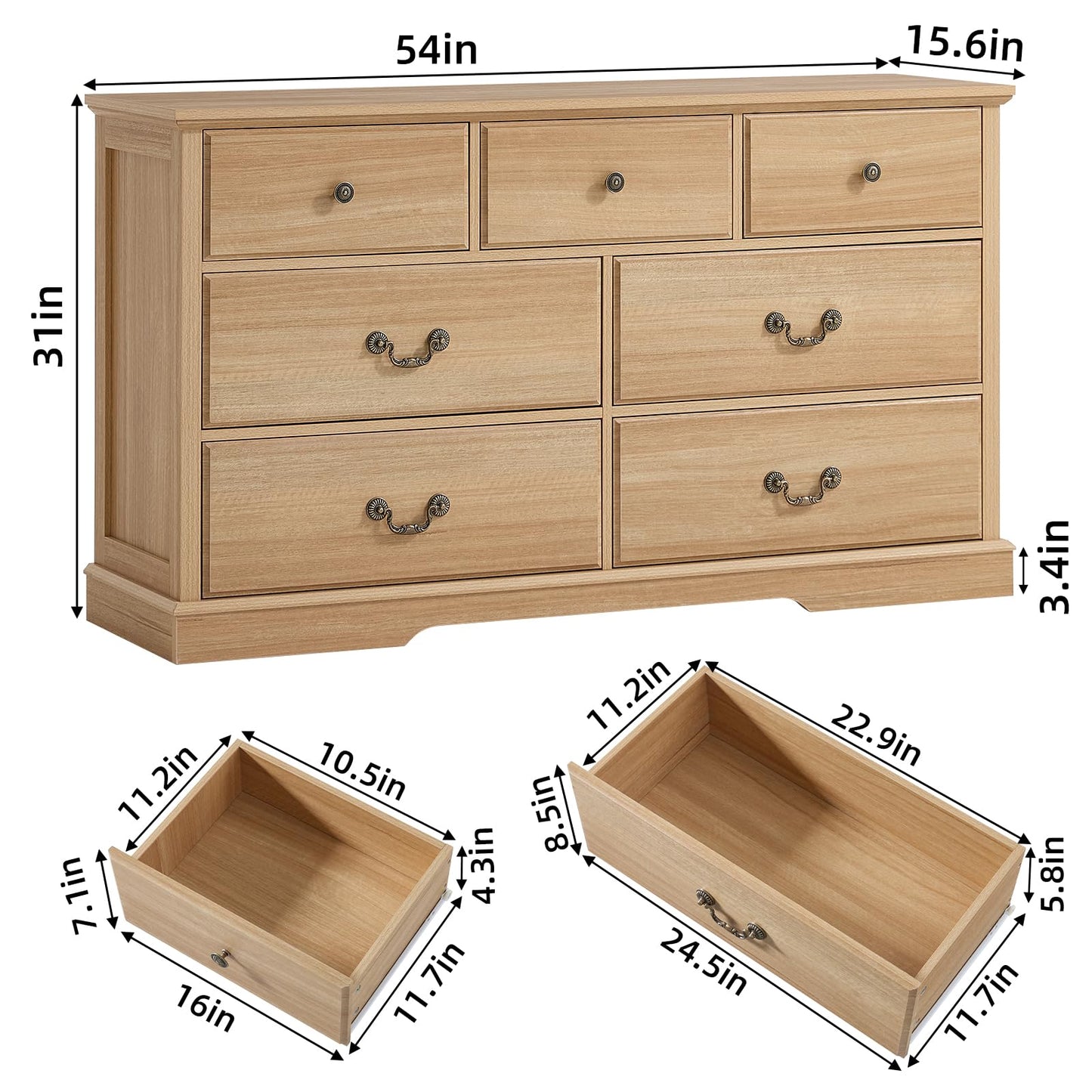 Senfarime Farmhouse 7 Drawer Dresser for Bedroom,57" Wide Wood Rustic Chest of Drawers,Farmhouse Chest of Drawers for Bedroom,Wood Drawer Organizer for Bedroom,Hallway,Natural