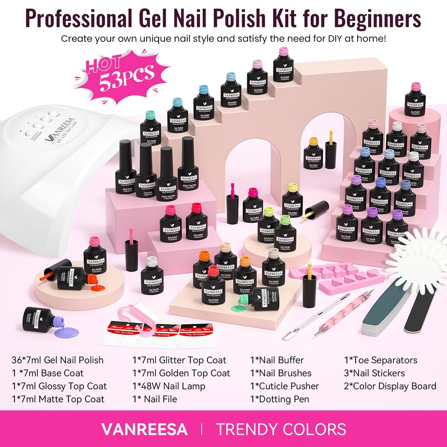 VANREESA Gel Nail Polish Kit with U V Light 53 Pcs Gel Polish Nail Set 36 Sweet Colors Nail Polish Set with Base Coat and 4 Effects Top Coat Manicure Tools Complete Nail Kit Gifts for Women Girls