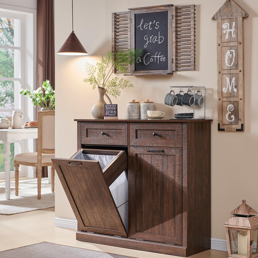 IFGET Double Tilt Out Trash Cabinet, 20 Gallon Farmhouse Laundry Hamper Cabinet with 2 Drawers, Hidden Wooden Trash Can Cabinets with Storage Basket for Kitchen, Living Room (Brown)