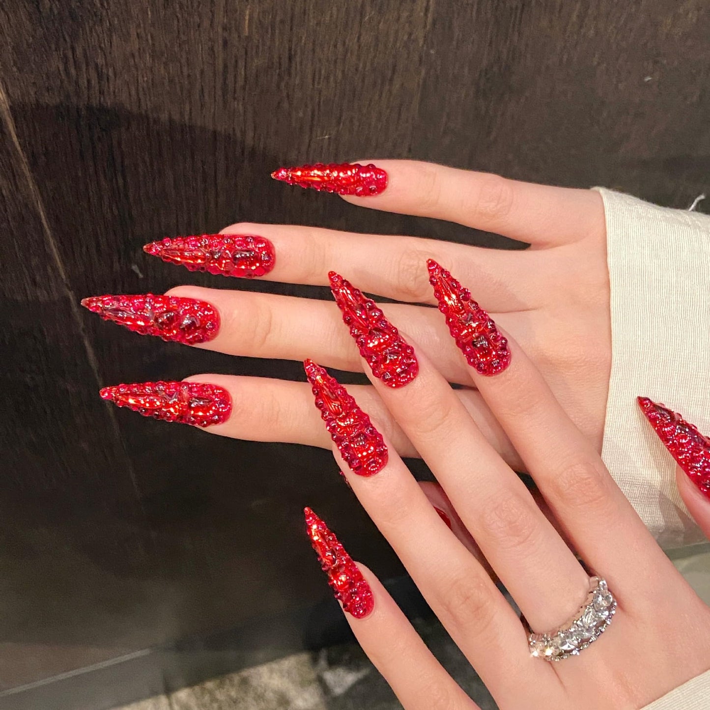 MNAFAYY Luxury Gems 100% Handmade Nails Long Stiletto Press On Nails Full Cover 3D Rhinestone Crystal Gorgeous Reusable UV Finished Fake False Nails Acrylic Nail Kit With Box Gift for Women Red M