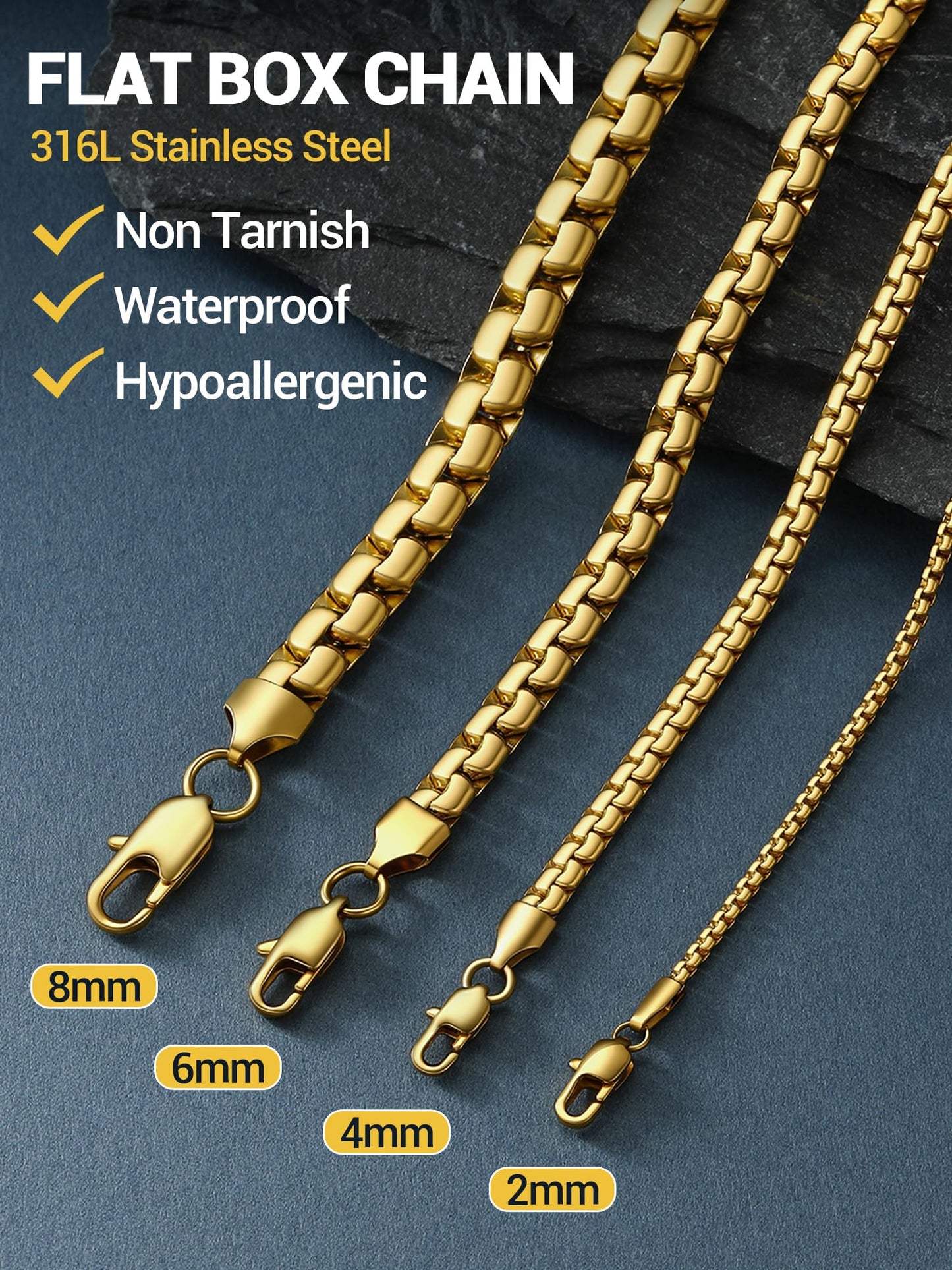 PROSTEEL Gold Chain for Men 8mm Tarnish-Resistant & Hypoallergenic Chunky Flat Box Necklace for Mens Jewelry