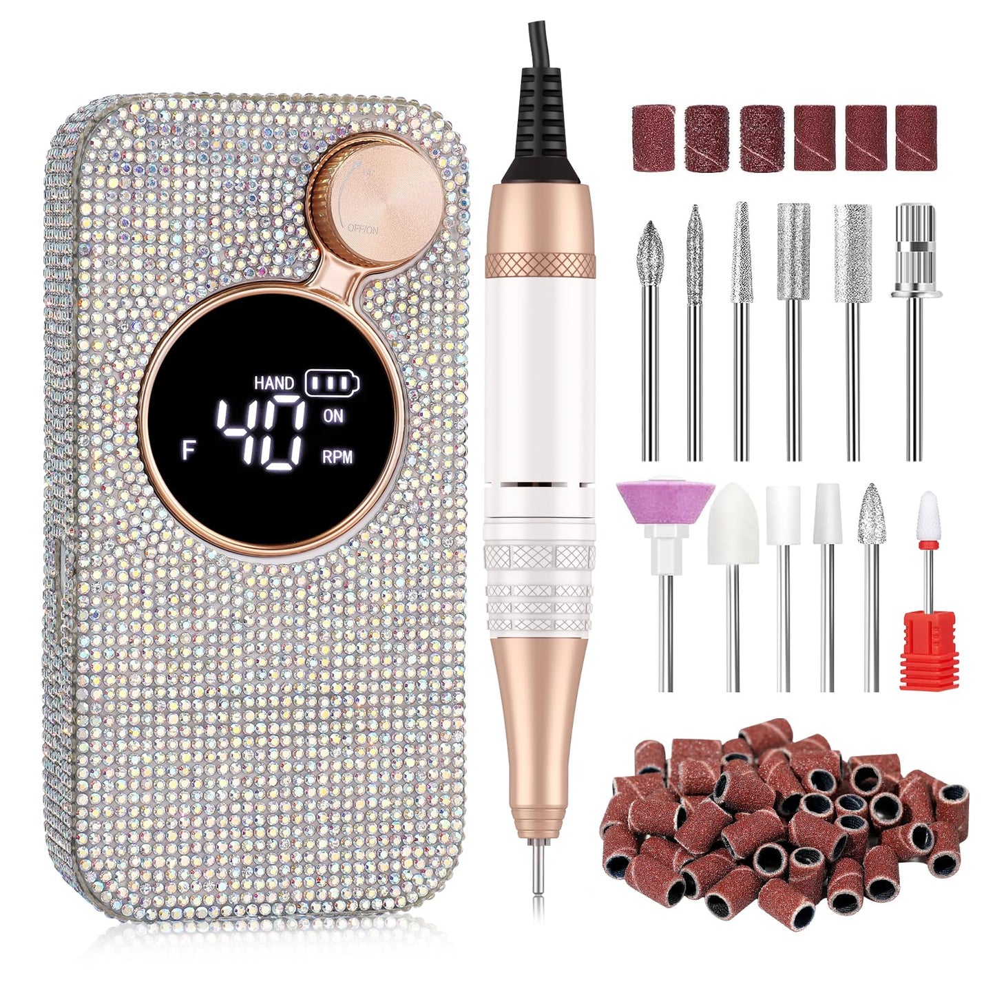 CHRISTINE SHELLY Rechargeable 40000RPM Nail Drill Sparkling Portable Professional Electric Nail File with 12 Drill Bits for Manicure Salon & Home, Glitter (AB Diamond)