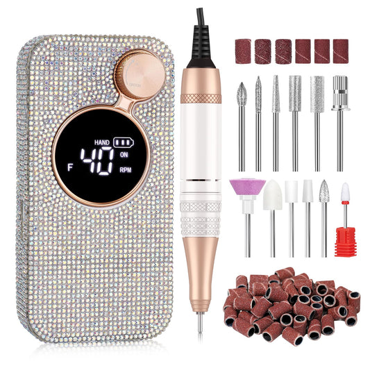 CHRISTINE SHELLY Rechargeable 40000RPM Nail Drill Sparkling Portable Professional Electric Nail File with 12 Drill Bits for Manicure Salon & Home, Glitter (AB Diamond)