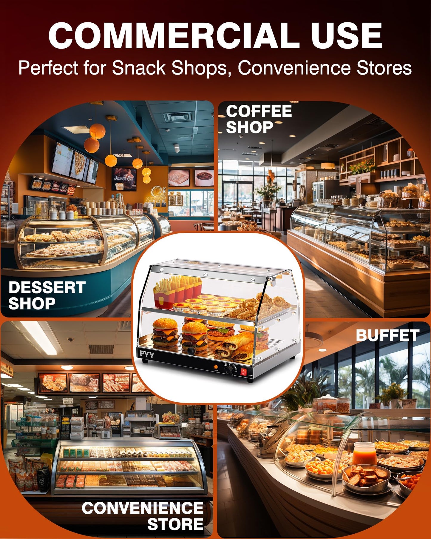 PYY Commercial Food Warmer Display, 2-Tier Electric Countertop Food Warmer with LED Lighting Adjustable Glass Door, Pastry Display Case for Buffet Restaurant