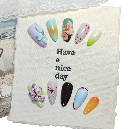 Almond Press on Nails Handmade Medium Long/Stiletto 3D Flower Fake Nail with Designs, Women Reusable False Nails (Floral Multicolor, M)