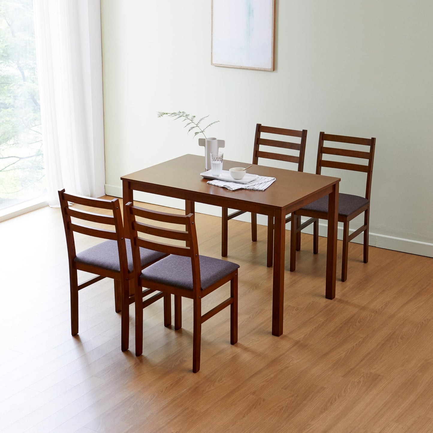 Livinia Seattle 5-Piece Wooden Dining Table Set for 4, Modern Farmhouse Kitchen Dining Room Set with Solid Wood Ladder Back Chairs for Small Space (Antique)