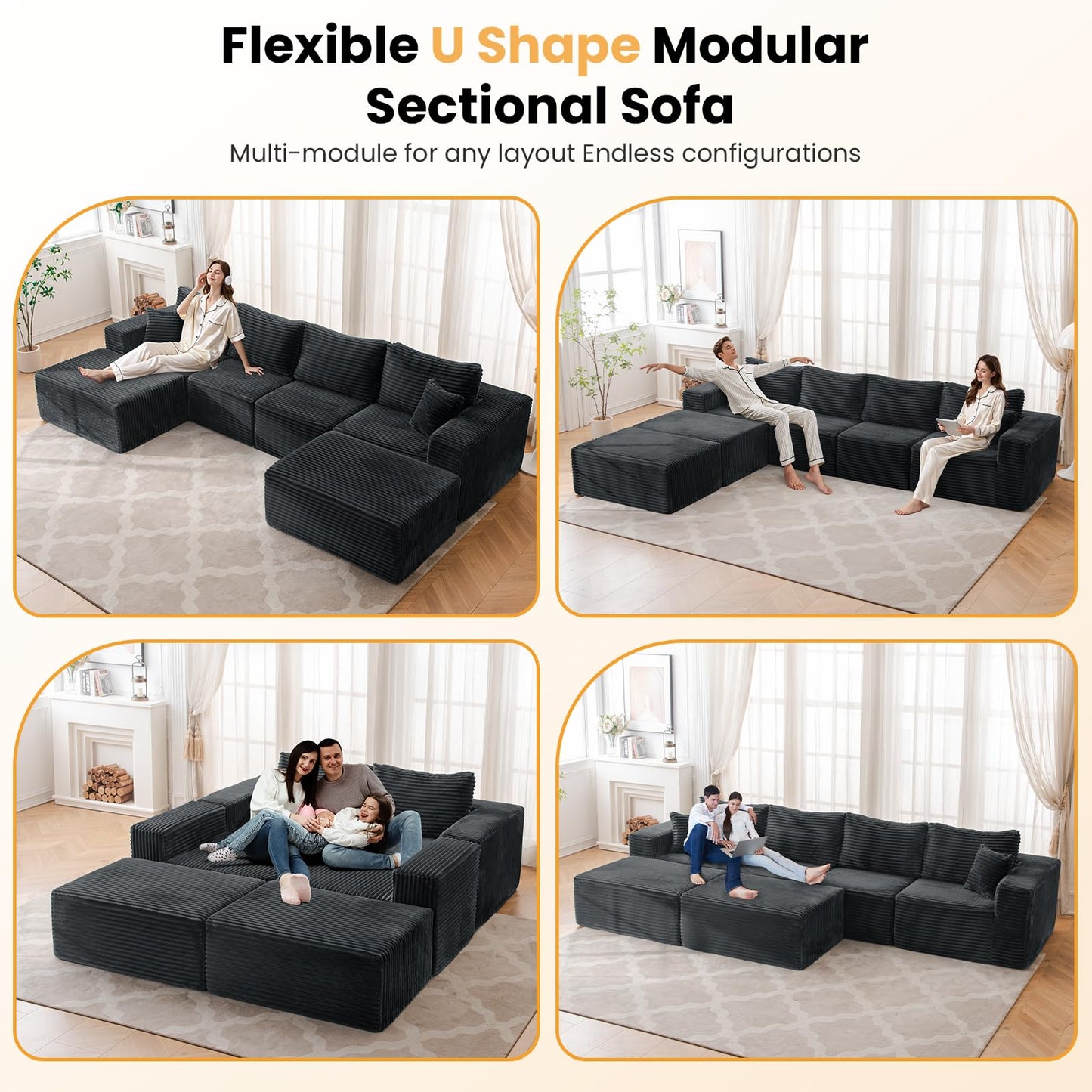 136" U Shaped Cloud Couch Modular Sectional Sofa with Deep Seat, 6 Seater Corduroy Couches, Boneless Couch with 2 Removable Ottomans, Sectional Couches for Living Room, No Assembly Required, Grey